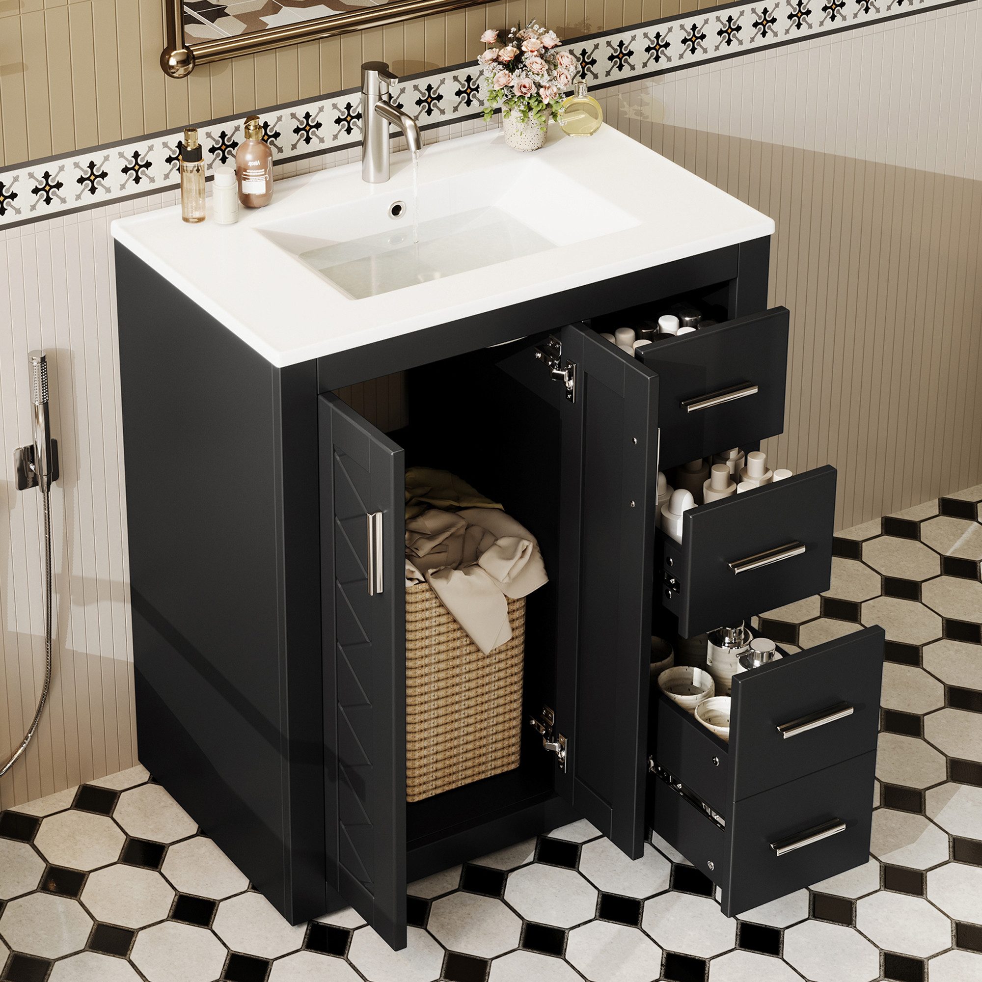 Flieks Waschtisch Waschbeckenunterschrank mit Waschbecken, 3 Schubladen, 2 Türen (B76/T46,5/H85,5 cm, 1-St., bodenstehend), Badezimmerschrank Badkommode Badmöbel Schwarz, Soft-Close-Funktion