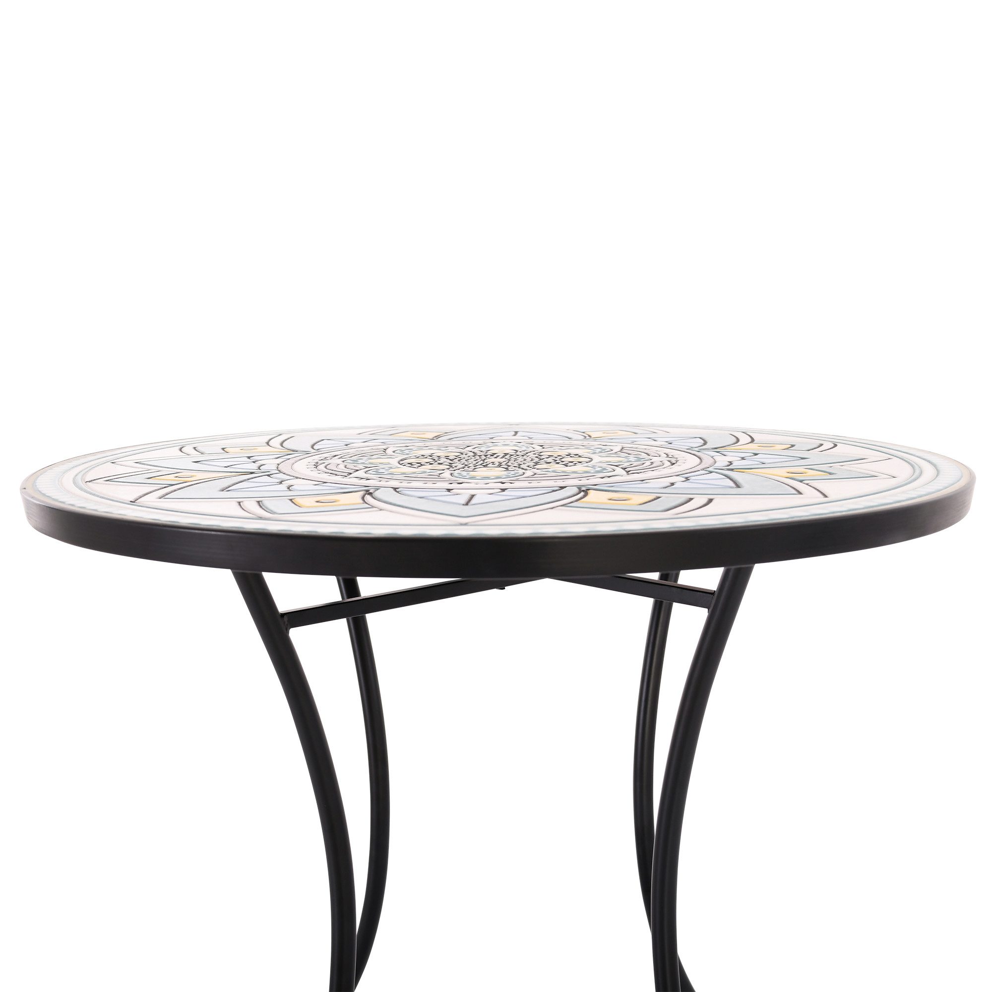 Raburg Gartentisch Mosaiktisch, Balkon- und Terrassentisch, 60 cm Ø, 72 cm hoch, Mayla (rund), liebevolle Handarbeit, Mosaikmuster, schwarzes Metallgestell