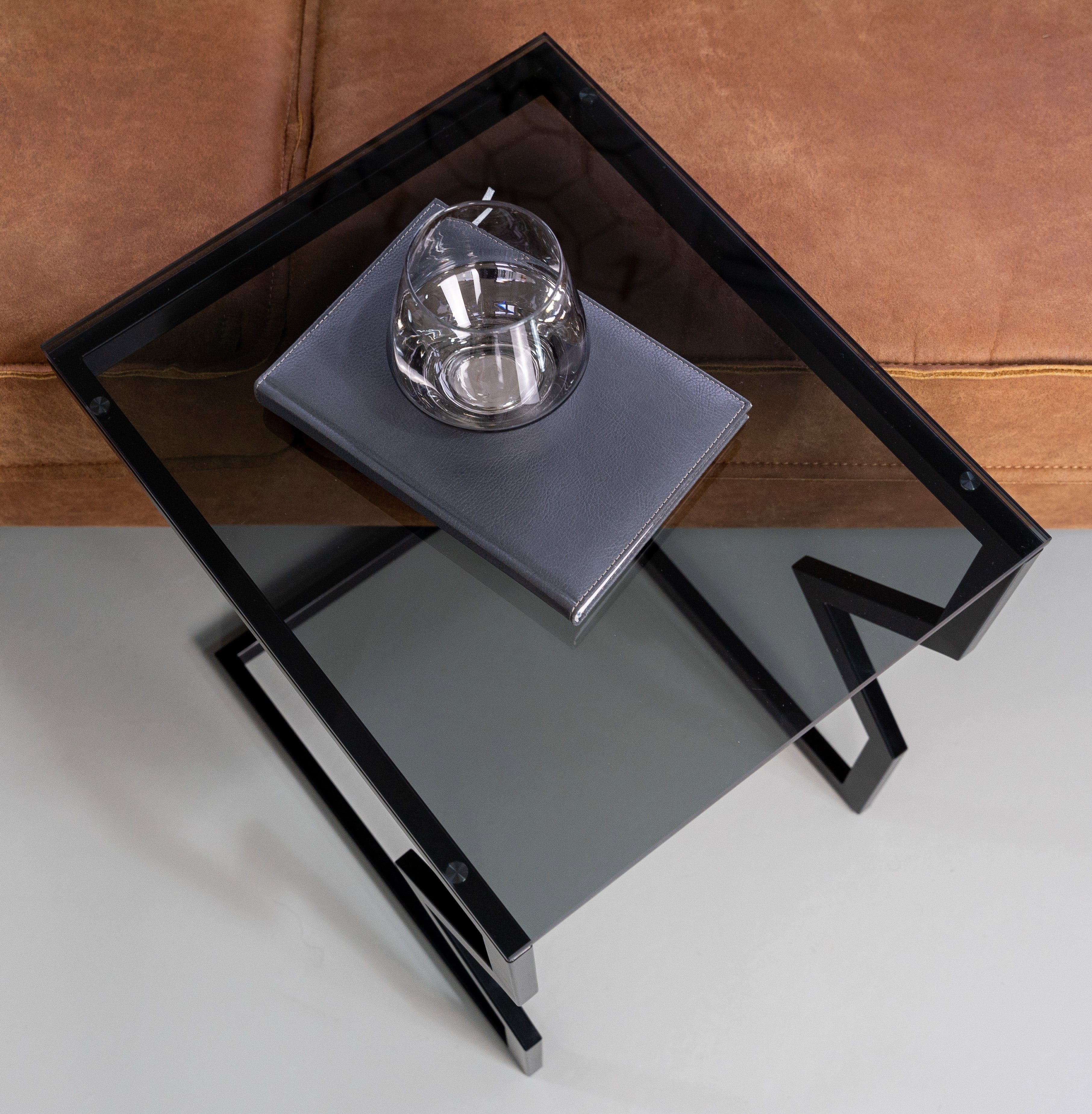 Sofatisch Metall Designer Rauchglas VARO, BY und Couchtisch Wohnzimmertisch kleiner und ROSCH Glas, Nachttisch, Metallgestell Glasplatte, Beistelltisch schwarzem Glastisch, schwarz, mit aus