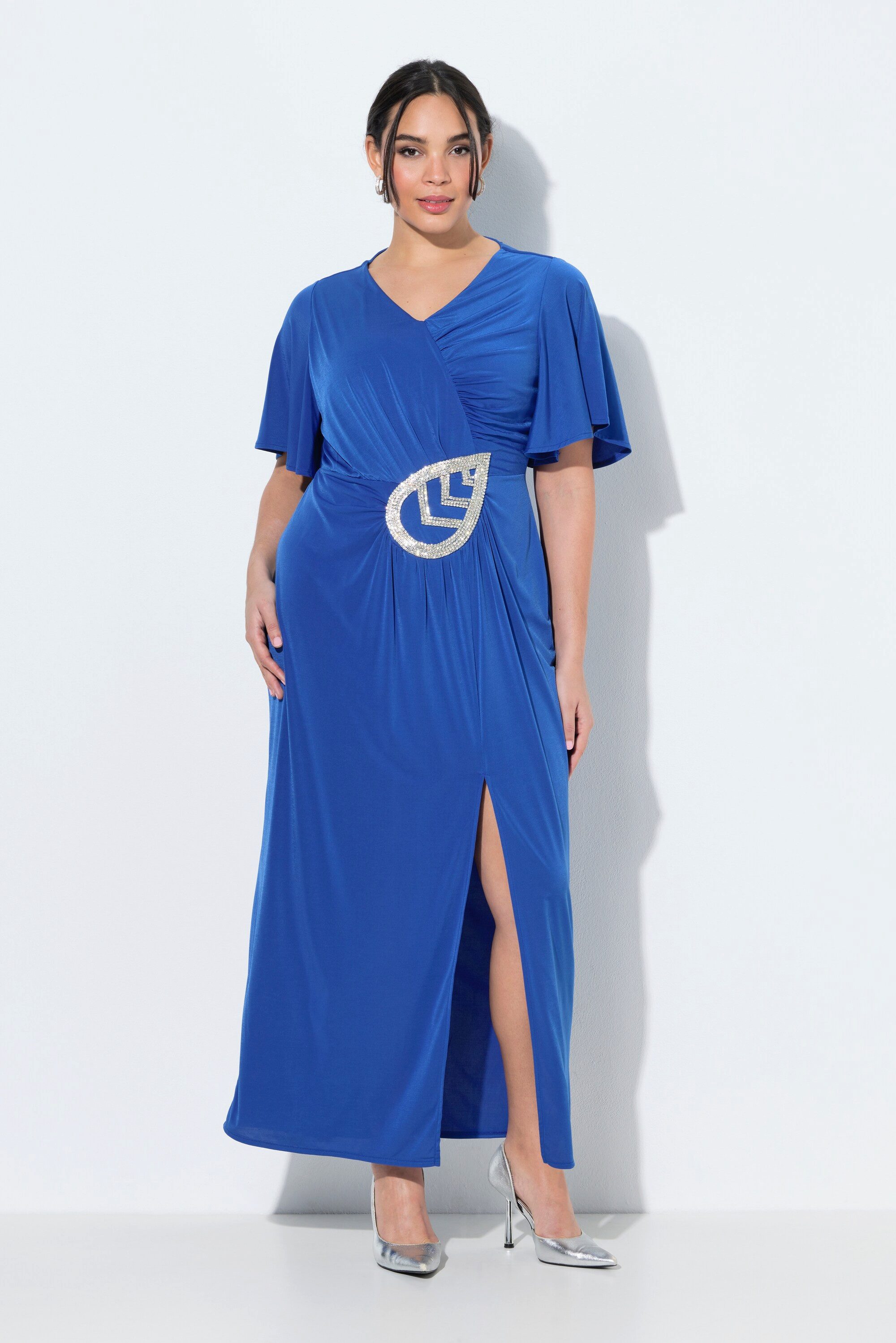 Ulla Popken Cocktailkleid Maxikleid drapiert Applikation V-Ausschnitt