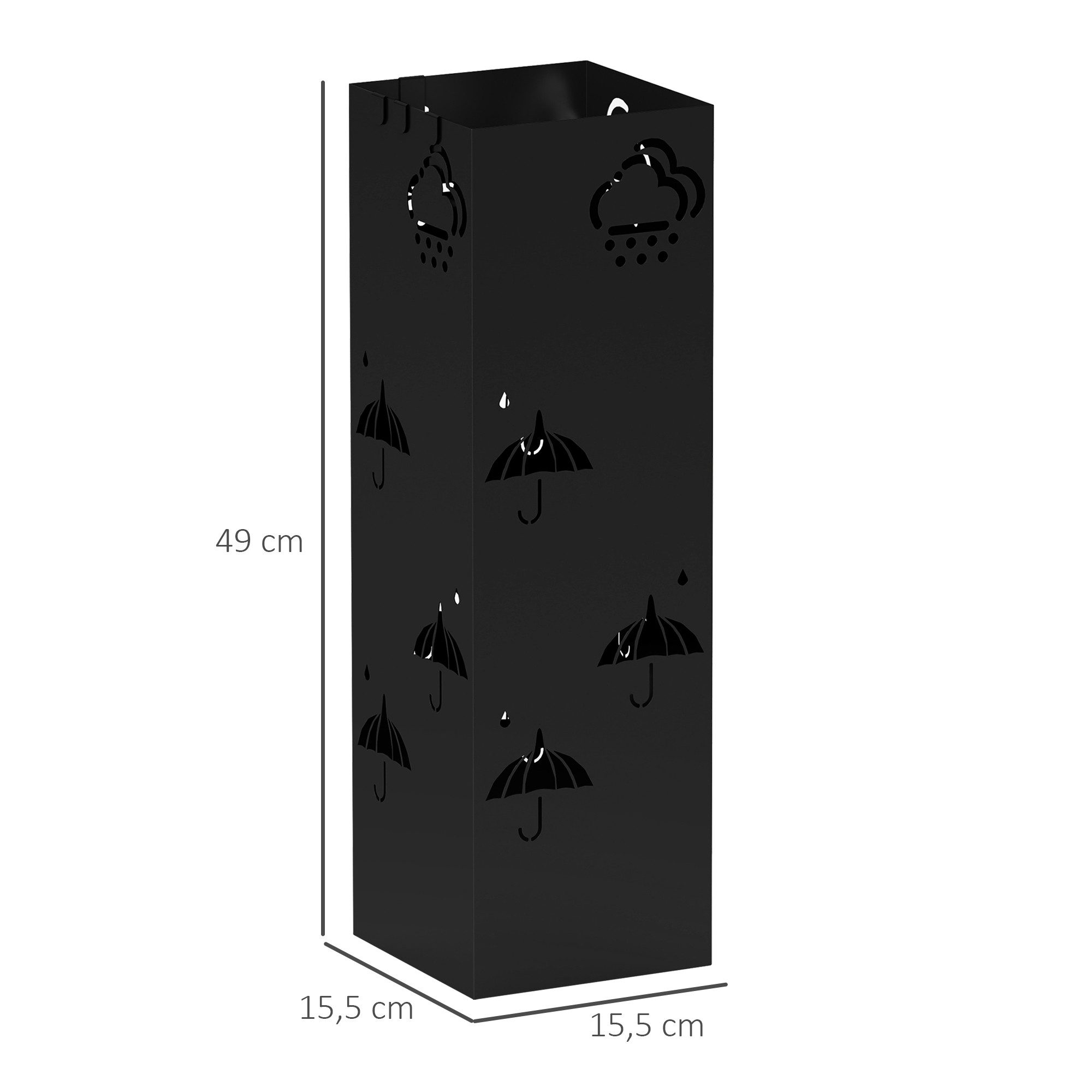 HOMCOM Schirmständer Regenschirmhalter mit 4 Haken, abnehmbare Wasserauffangschale (Schirmkorb für Schirme, Gehstöcke, 1 St., Stahl), 15,5 x 15,5 x 49 cm, Schwarz