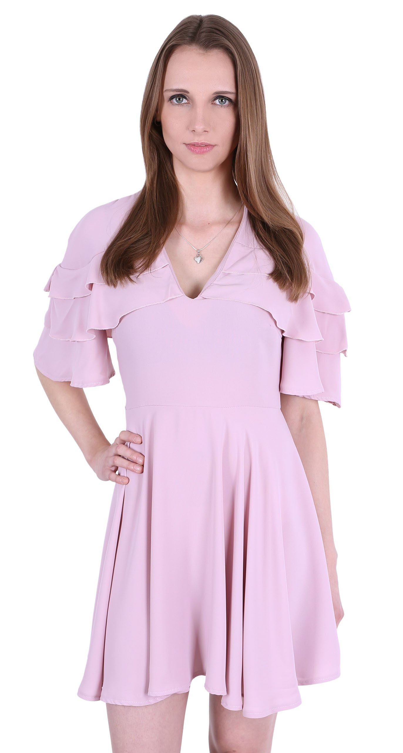 Sarcia.eu Cocktailkleid John Zack Puderrosa Kleid mit Rüschen an den Ärmel L