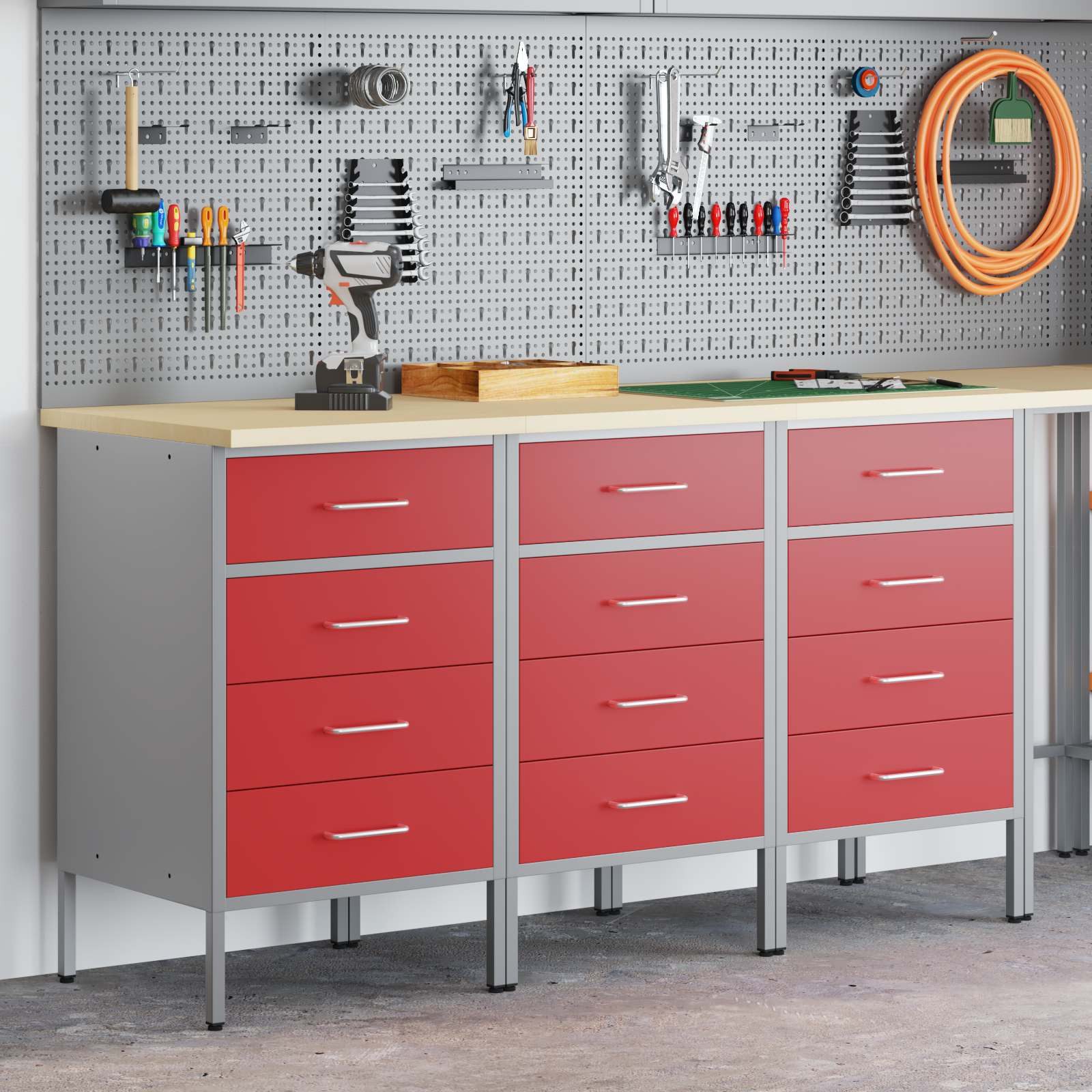 vidaXL Werkzeugschrank Werkbank mit Schubladen 3 stk. Rot und Grau 150 x 55 x 85 cm (3-St)