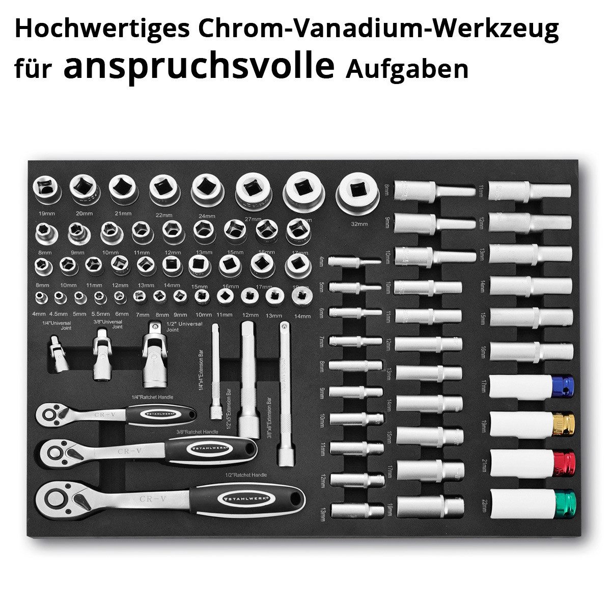 STAHLWERK Steckschlüssel Werkstattwageneinlage Bit- und Steckschlüssel-Satz (Set, 80 St), Schweißer-Gripzangen inklusive Transportkoffer