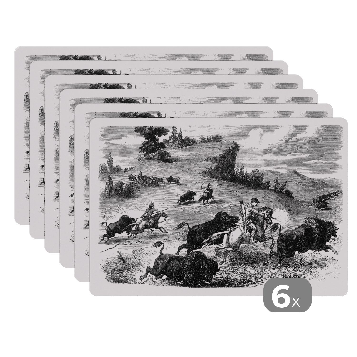 Platzset, Eine Illustration der Bisonjagd, MuchoWow, (6-St), Platzset, Platzdecken, Platzmatte, Tischmatten, Schmutzabweisend