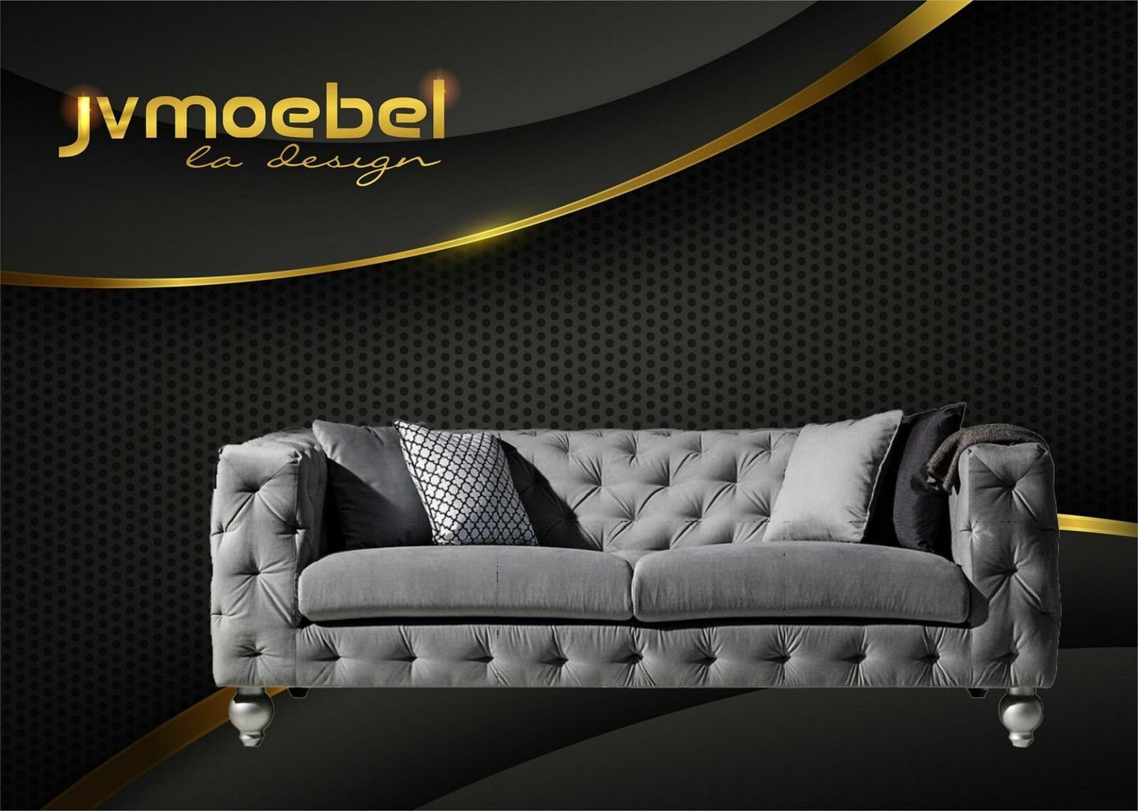 JVmoebel Chesterfield-Sofa, Dreisitzer Stoff Wohnzimmer Grau Design Sofa Sofas Samt xxl big Polster Couchen