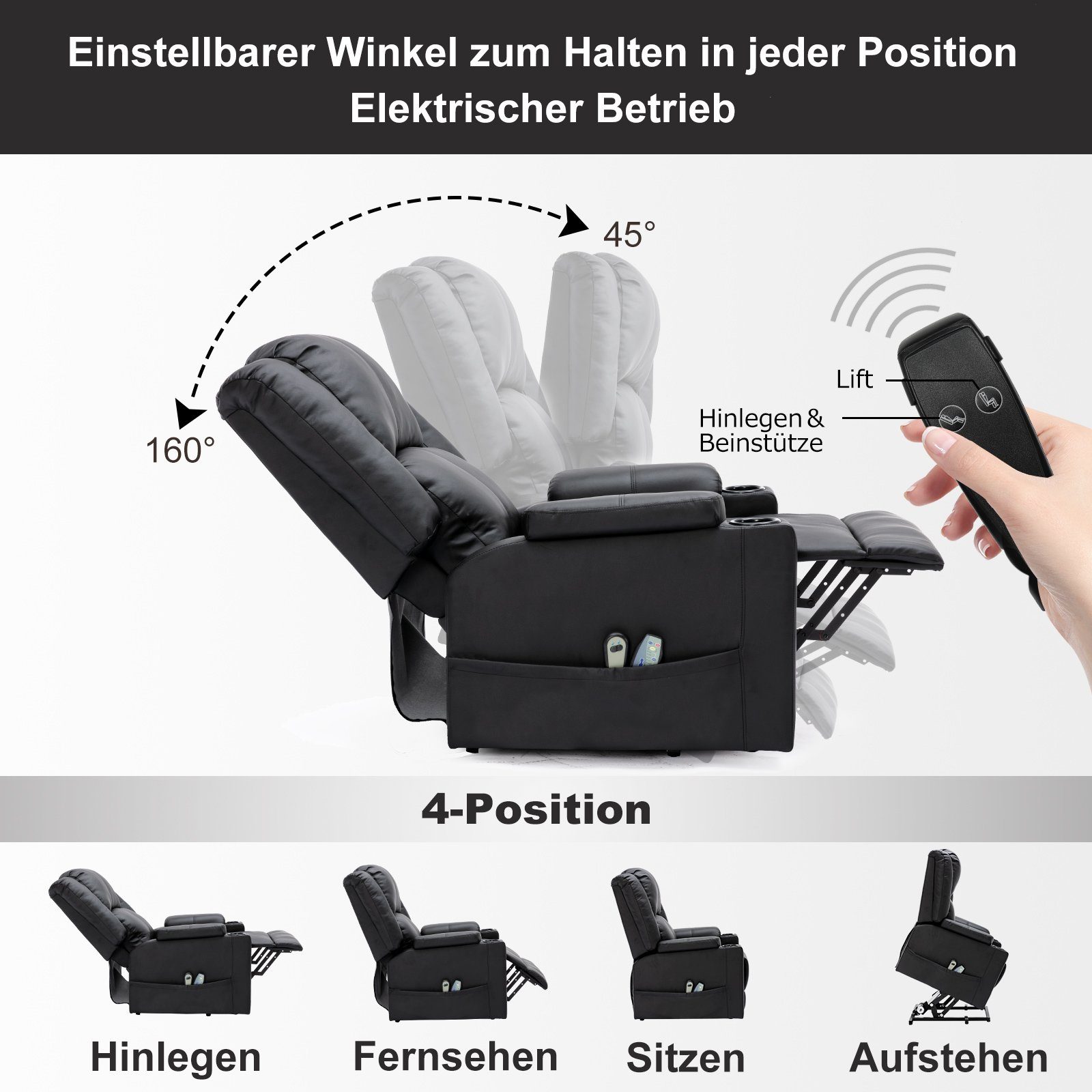 Relaxsessel für Getränkehalter, Massagesessel ältere und mit Menschen, 2 Powerlift-Liegestuhl Heizung-Funktion schwarz COMHOMA Massage Seitentaschen &