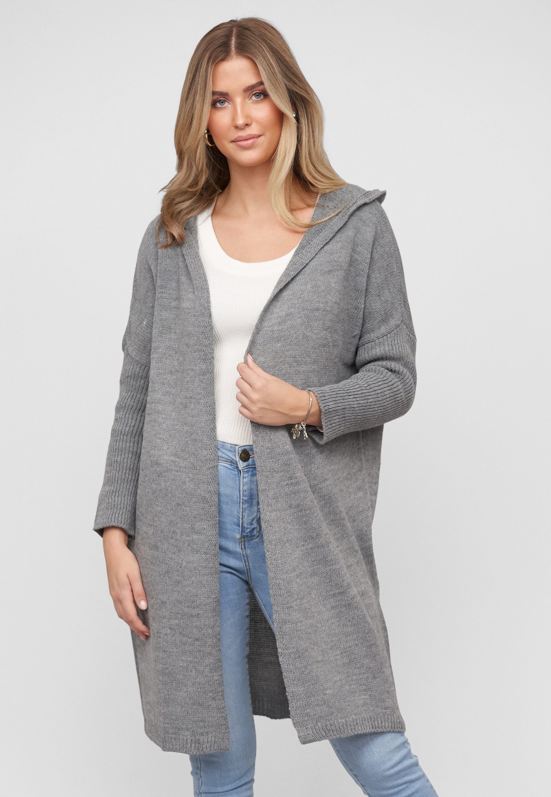 CLOUD 5IVE Strickjacke CLOUD 5IVE Longform knit cardigan with hood (1-tlg)