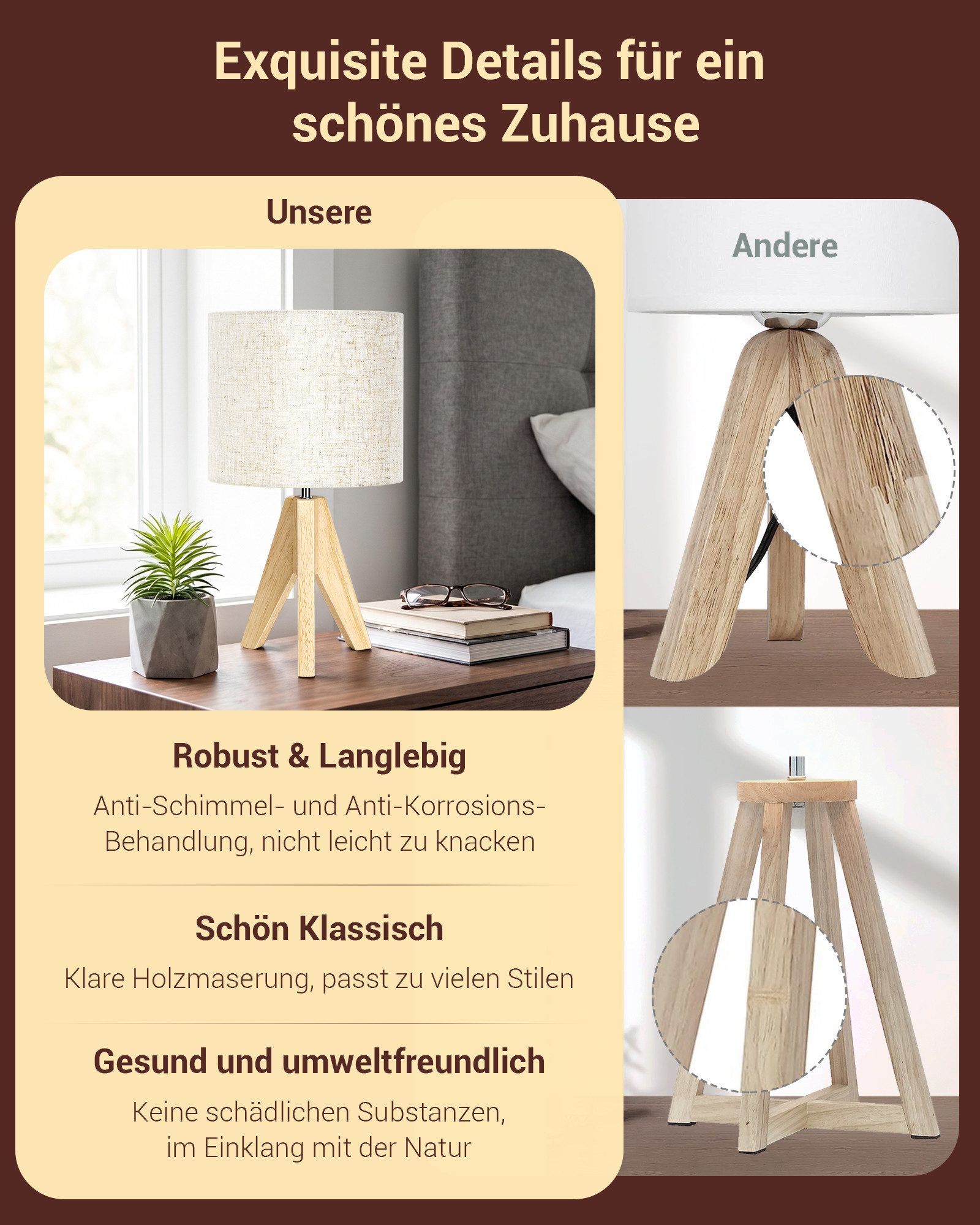 EDISHINE Nachttischlampe Vintage Tischlampe Holz mit Stoffschirm, inkl. Leuchtmittel, LED wechselbar, Warmweiß, Lampenschirm aus Leinen, für Deko, Schlafzimmer, Wohnzimmer