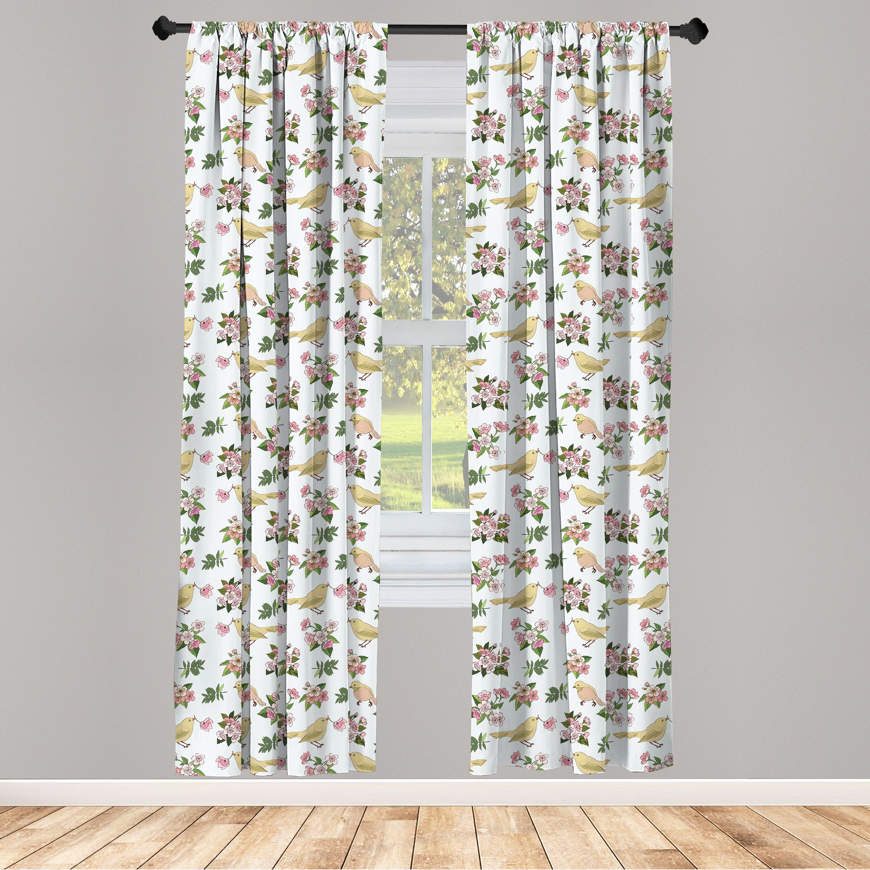 Gardine Vorhang für Wohnzimmer Schlafzimmer Dekor, Abakuhaus, Microfaser, Blumen Blumen und Vogel-Muster