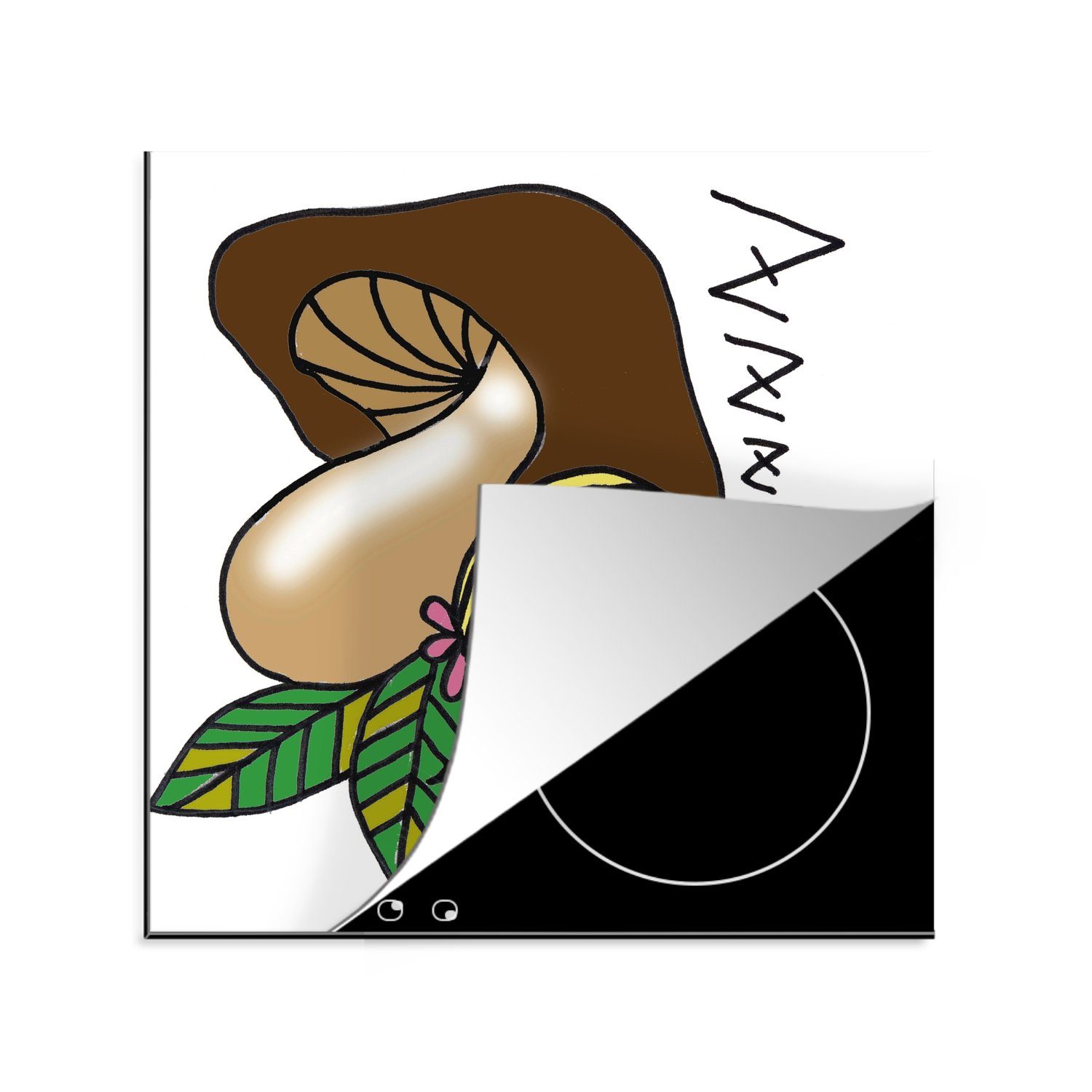 MuchoWow Herdblende-/Abdeckplatte Ein Mädchen vor einem Pilz mit schlafenden Augen, Vinyl, (1 tlg), 78x78 cm, Ceranfeldabdeckung, Arbeitsplatte für küche