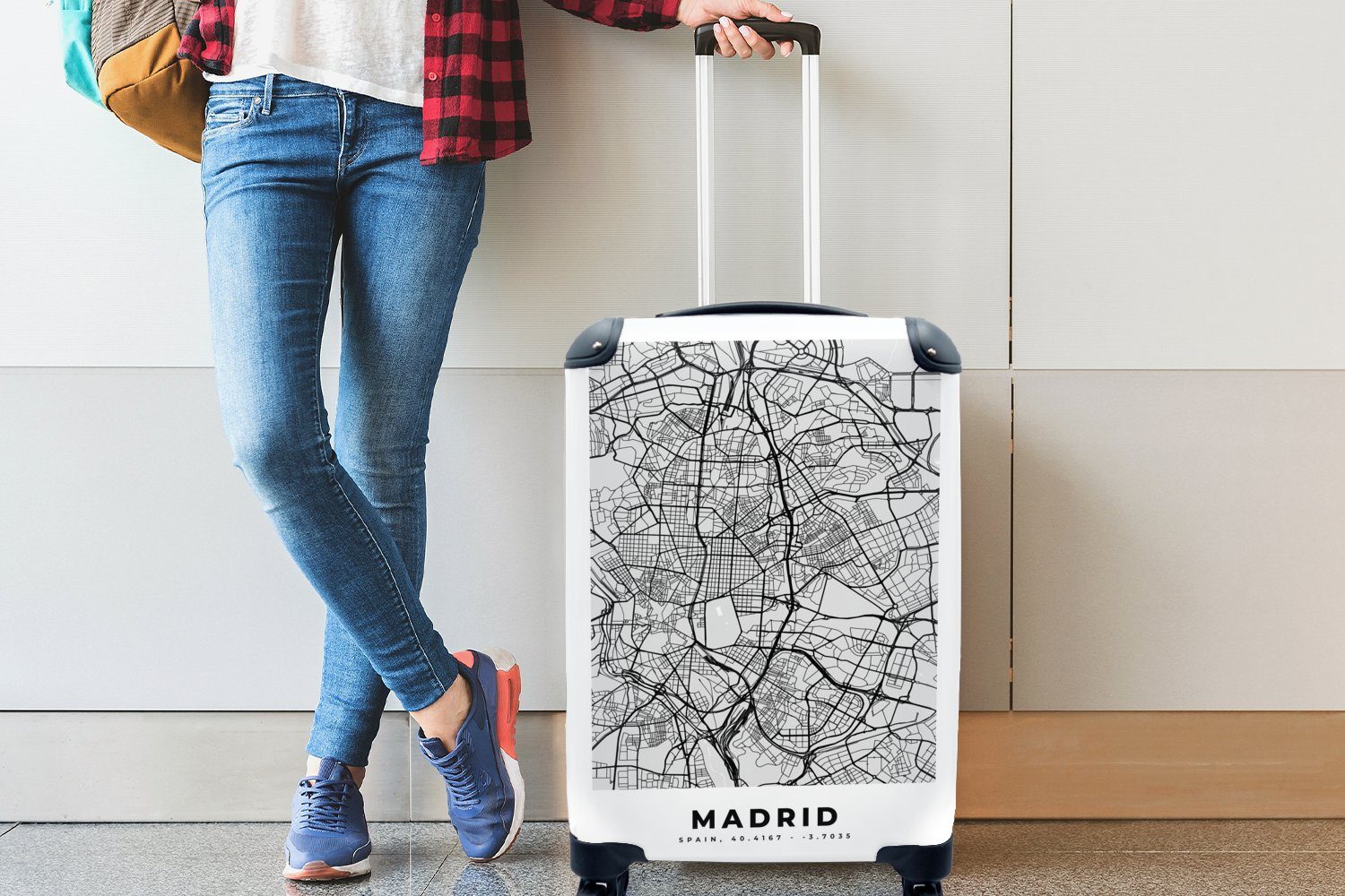 rollen, Handgepäck Trolley, MuchoWow 4 - Reisekoffer Handgepäckkoffer Ferien, Reisetasche weiß - Schwarz Stadtplan Karte, Rollen, für mit Madrid - und