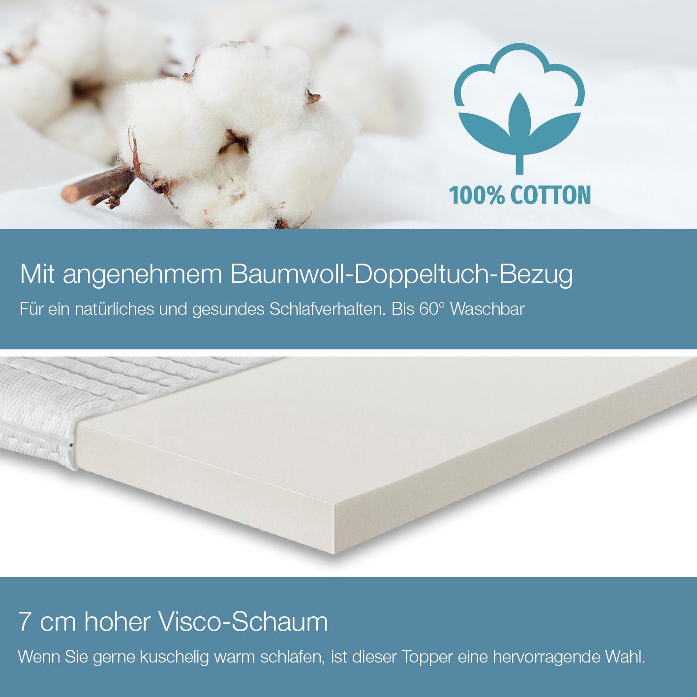 Topper Baumwoll-Doppeltuch-Bezug Matratzen, cm Viscoschaum ... x (RG60) 80 80x200x9 Viscotopper mit x 200 H2/3 Matratzenauflage RAVENSBERGER Thermo-LUX