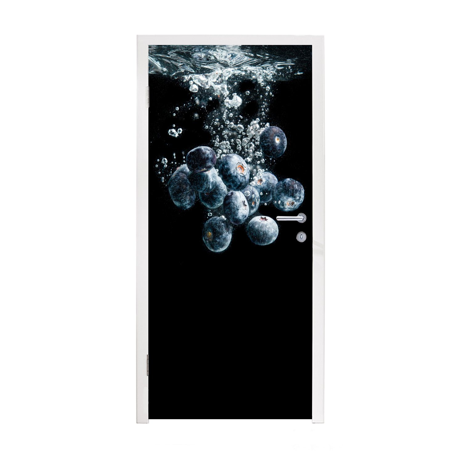 MuchoWow Türtapete Blaubeeren - Obst - Beeren - Stillleben - Wasser - Schwarz, Matt, bedruckt, (1 St), Fototapete für Tür, Türaufkleber, 75x205 cm