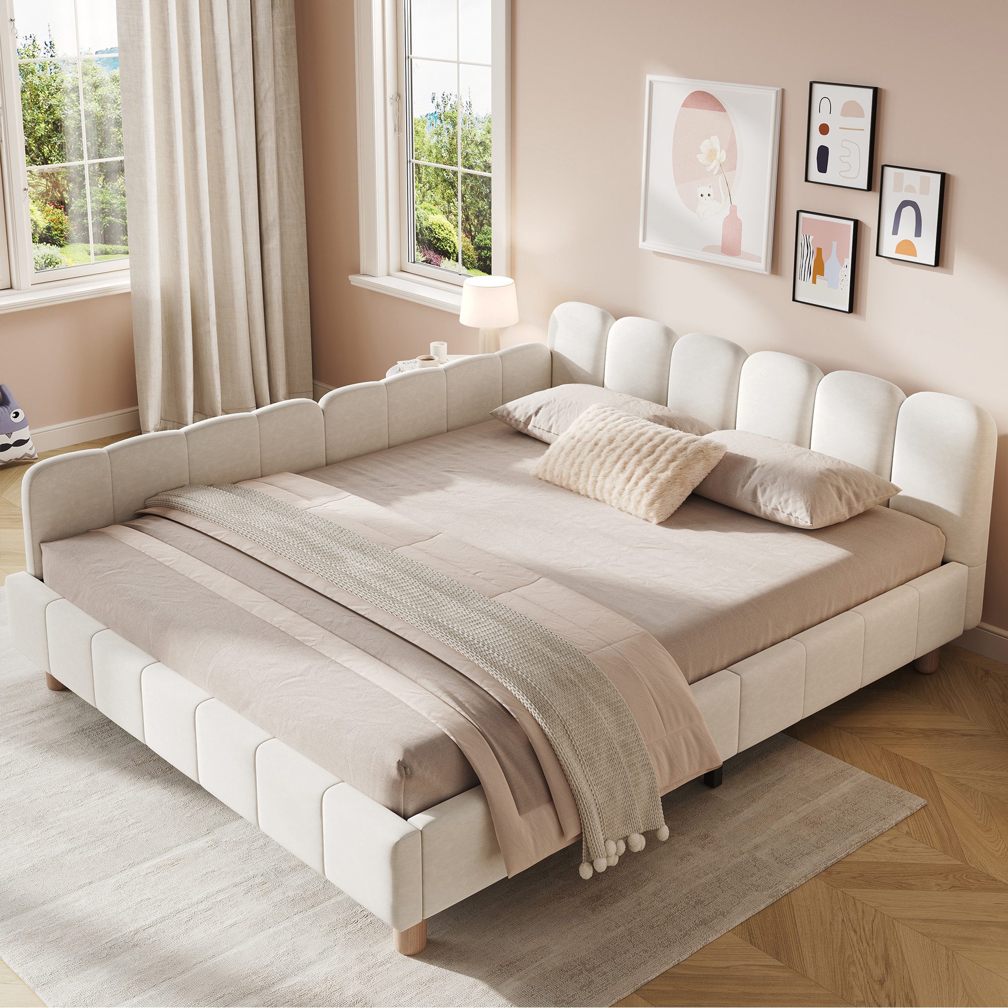 MODFU Polsterbett Inklusive Rausfallschutz für mehr Sicherheit (Packung, 2-tlg., aus Samt Stabile Massivholzbeine, geeignet für Kinder & Jugendliche), 140x200 cm mit variablen Armlehnen und Lattenrost(mit Matratze)