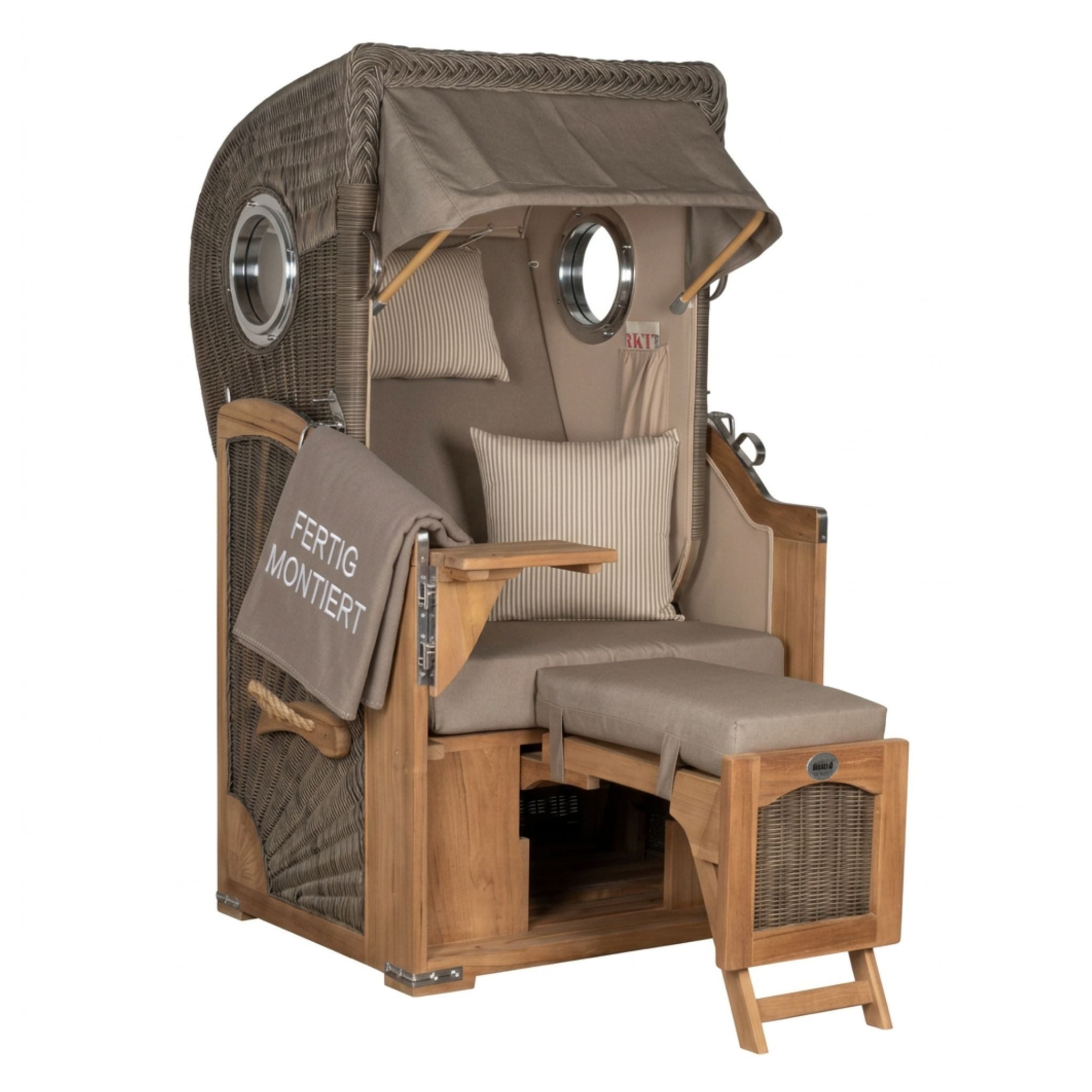 Strandkorb Düne Single 1-Sitzer Bullauge Teak PE-Geflecht Grey 96x165x80