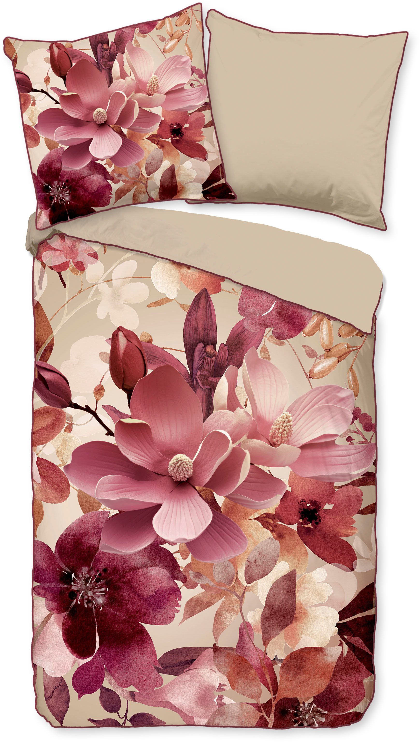 Descanso Wendebettwäsche Chaja, Mako-Satin, Renforcé, Satin, 2 teilig, Satin, Reißverschluss, Paspel, Biese, Wendeoptik, Blumen, Bordeaux