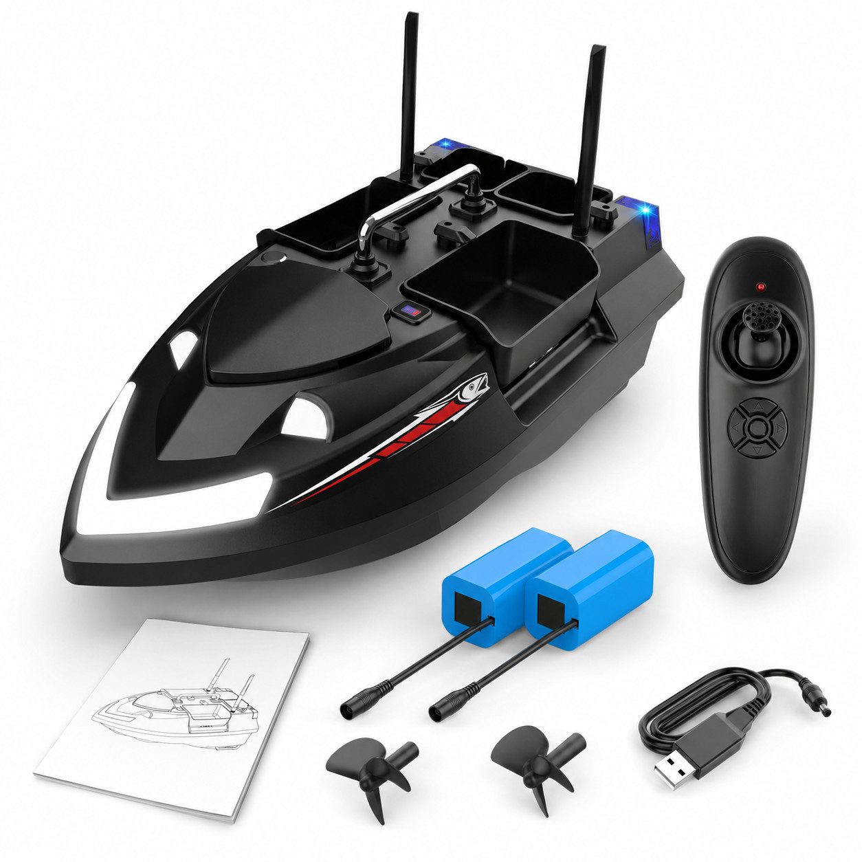 Tekoo RC-Boot Futterboot 3kg, 4 Kammern, Gyroskop & 500m Reichweite, inkl. 2 Akkus (Set, Komplettset mit 2 Akkus), Gyroskop-Stabilisierung, 3kg Ladekapazität, 500m Reichweite