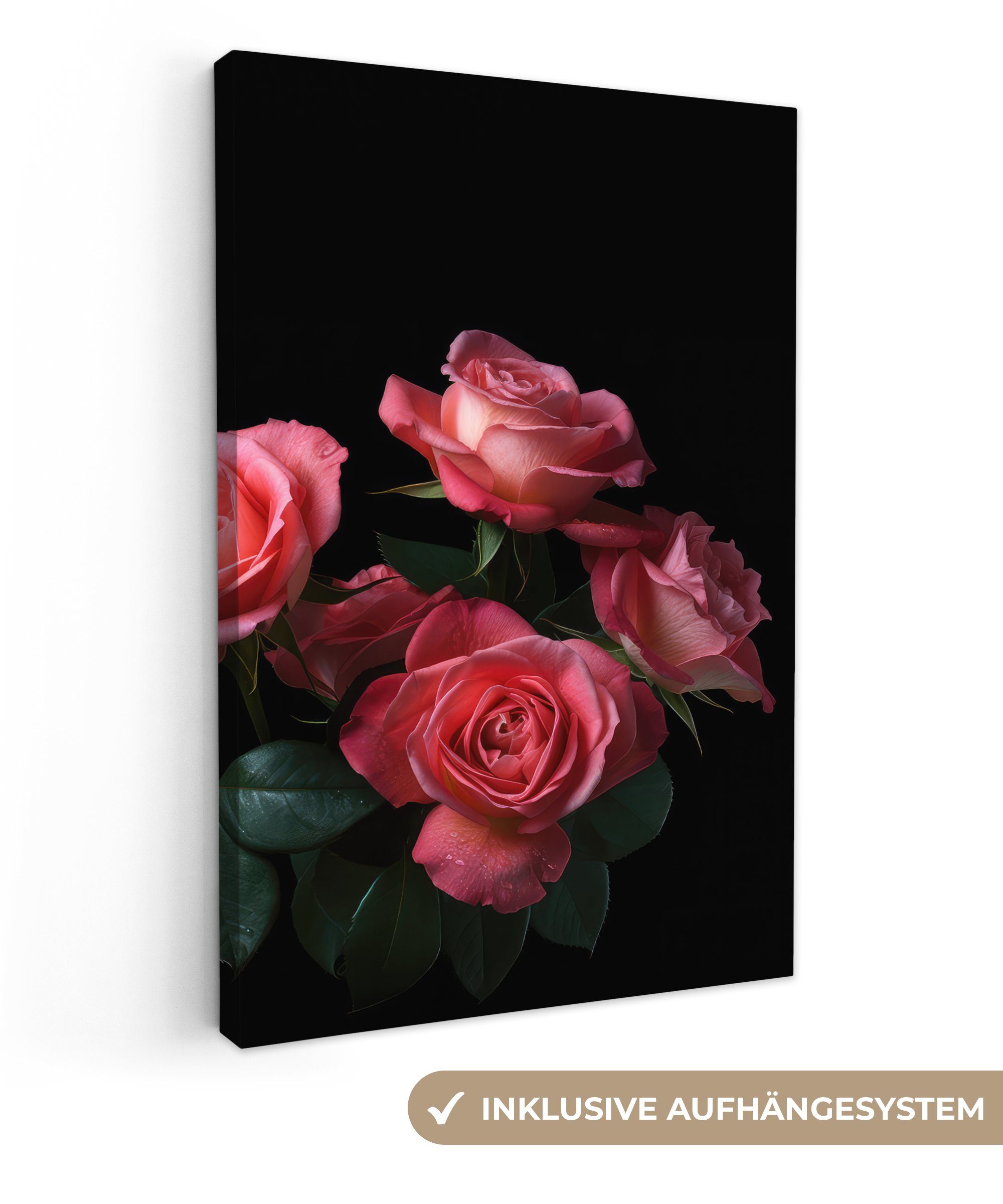 OneMillionCanvasses® Leinwandbild Rosen - Rosa - Blumen - Natur - Schwarz, (1 St), Leinwandbild fertig bespannt inkl. Zackenaufhänger, Gemälde, 20x30 cm