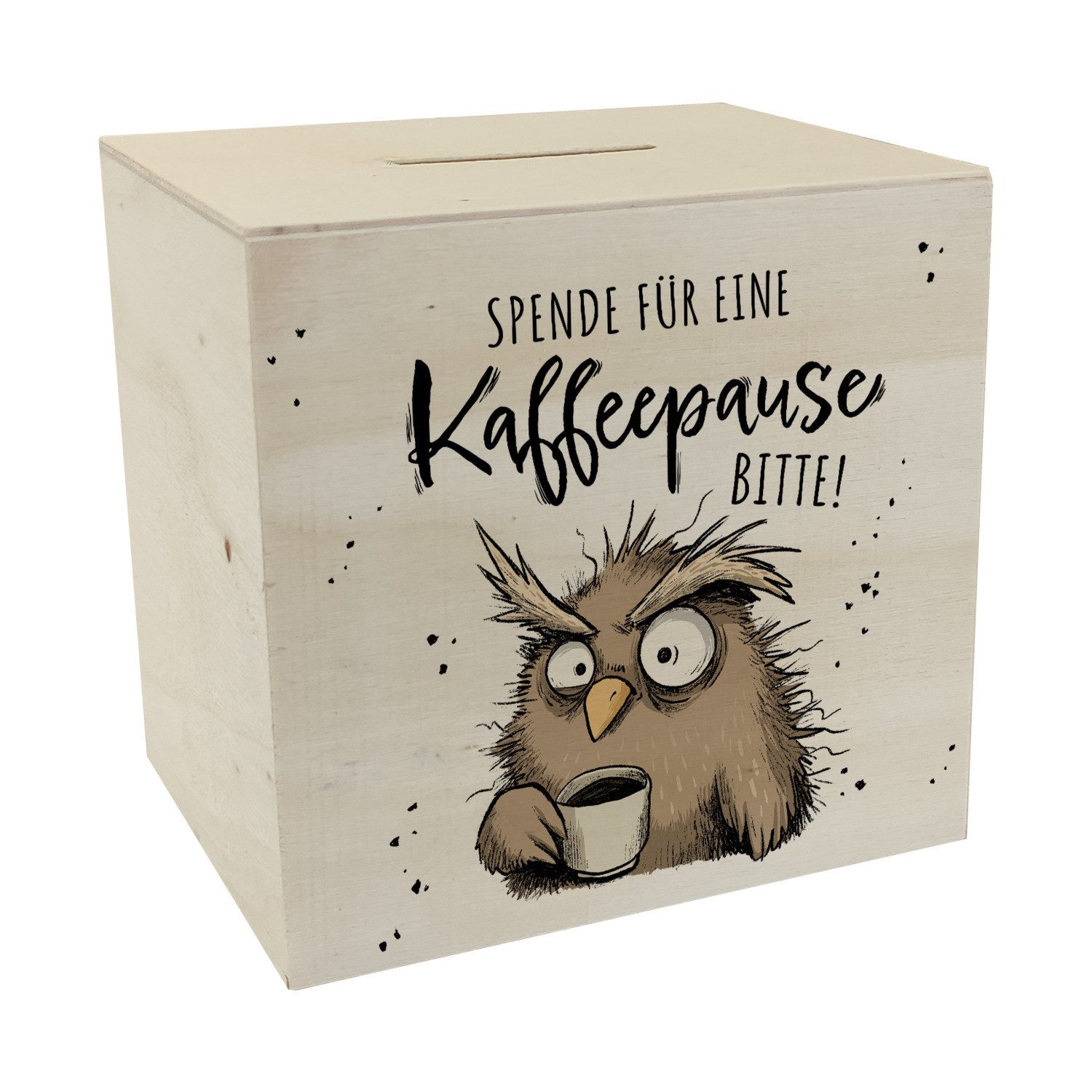 Spardose Eule Spardose aus Holz mit Spruch Spende für eine Kaffeepause
