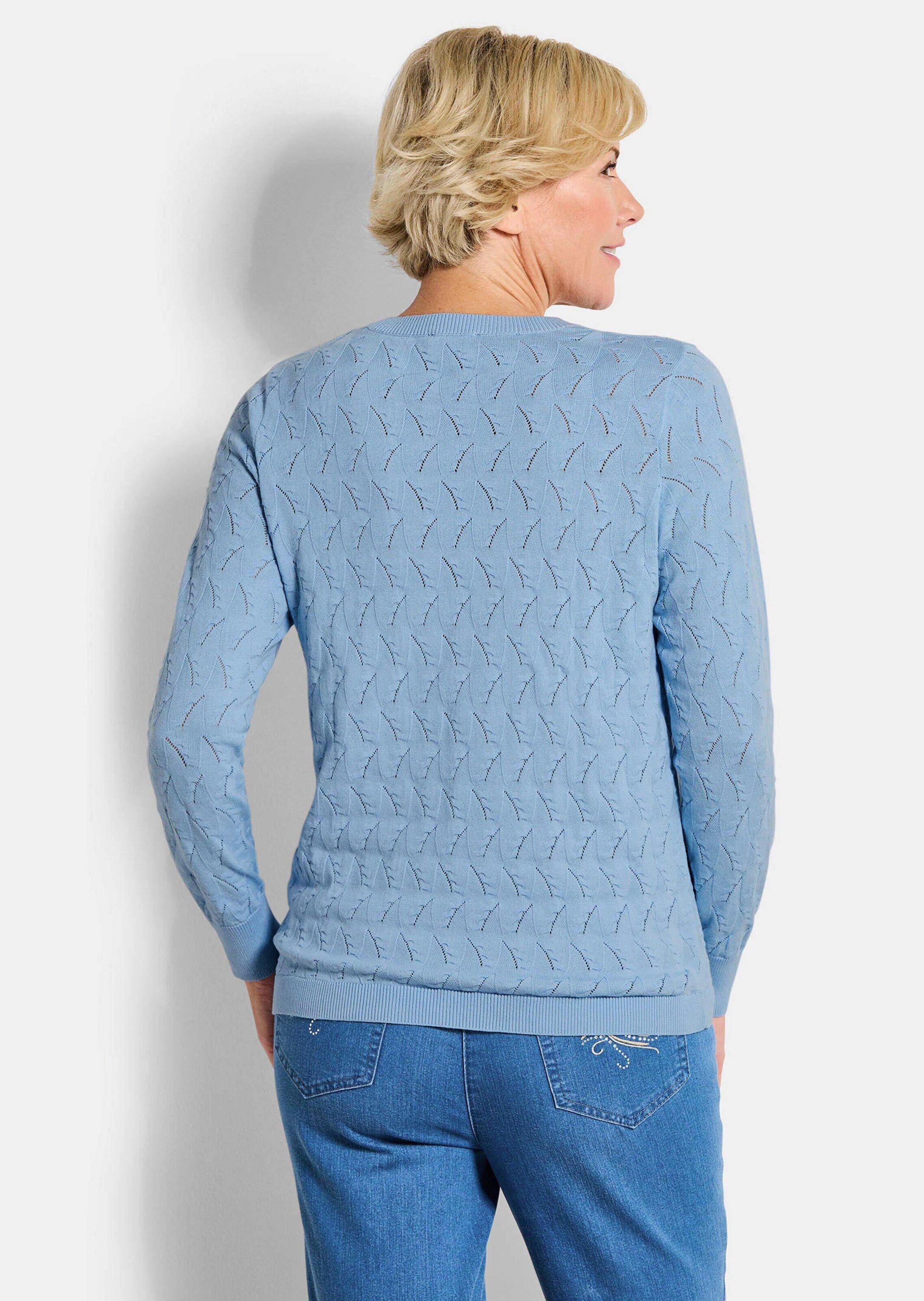 GOLDNER Strickpullover Kurzgröße: Baumwollpullover mit Zick-Zack-Muster Zopfstrickpullover mit Rundhals, Rippenblenden und Langarm