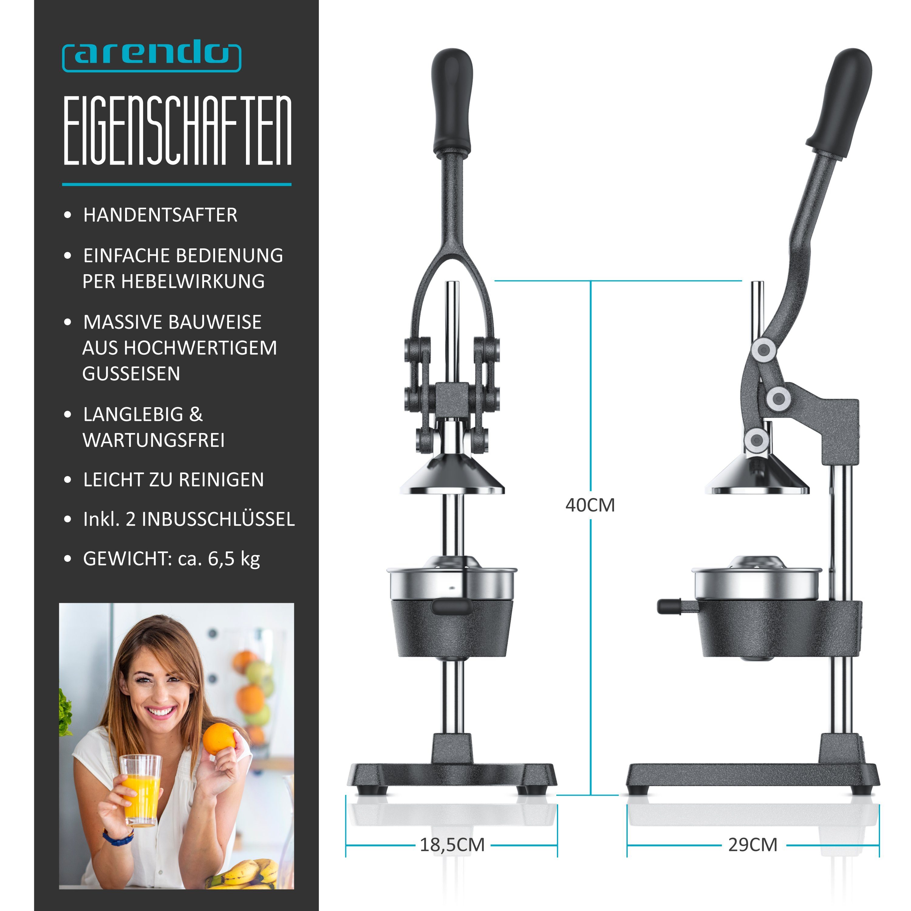 Arendo Obstpresse Handentsafter Edelstahl, mechanischer Entsafter, Orangenpresse, Edelstahl, Saftpresse, für Orangen Pampelmusen Zitrusfrüchte, massive Bauweise – Bild 2 von 5