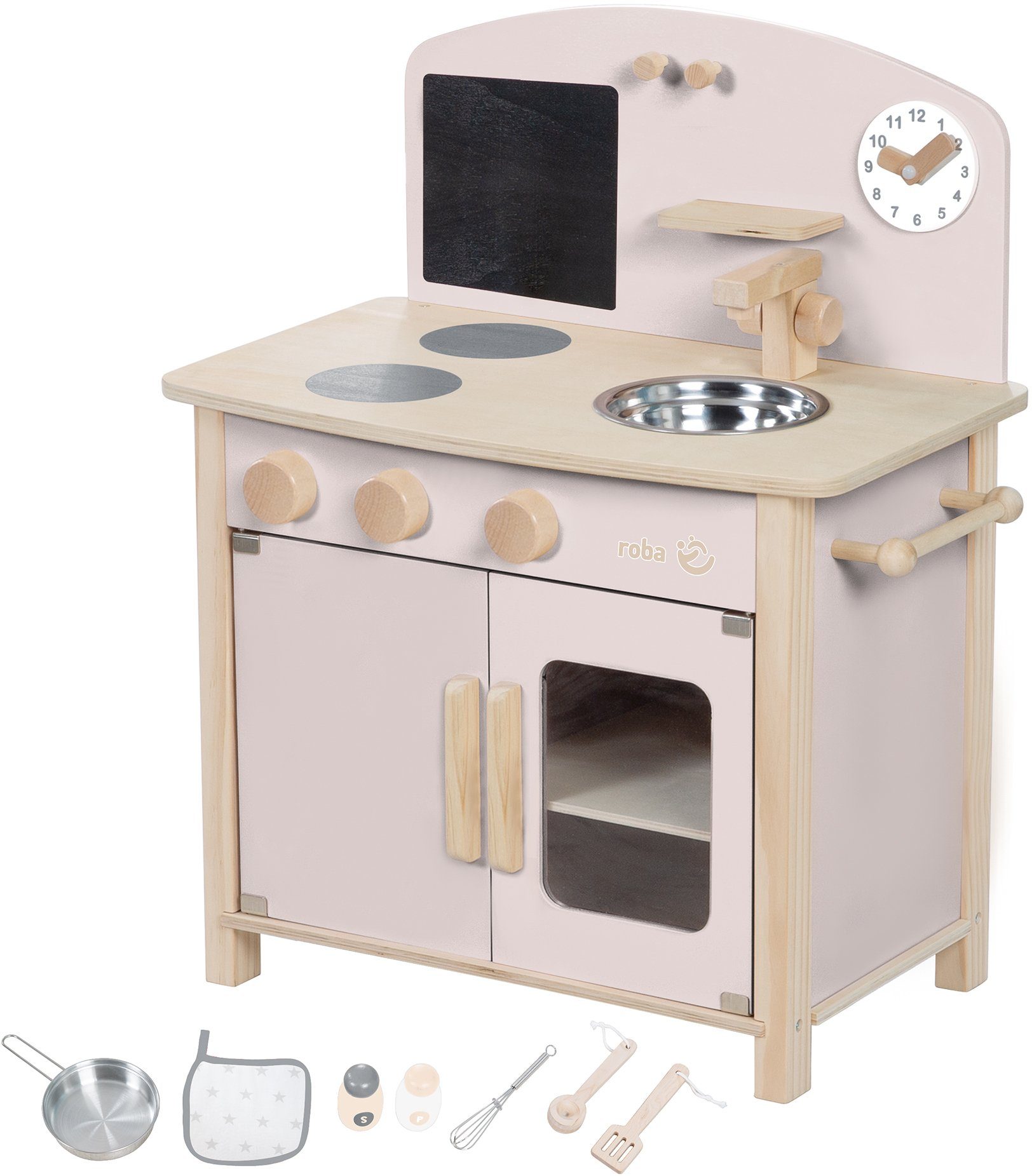 roba® Spielküche Spielküche, rosa/natur Holz, MDF, mit Kreidetafel, Pfanne und Küchezubehör