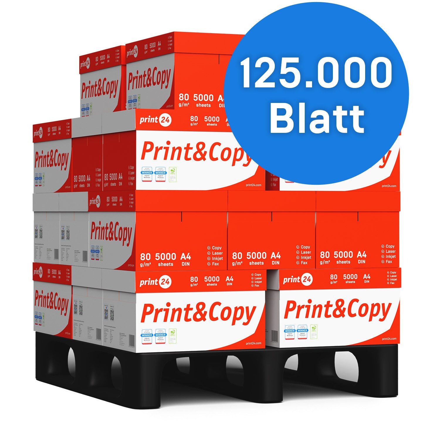 print24 Druckerpapier Kopierpapier 125000 Blatt A4 80g Premium Weiß Testsieger PEFC