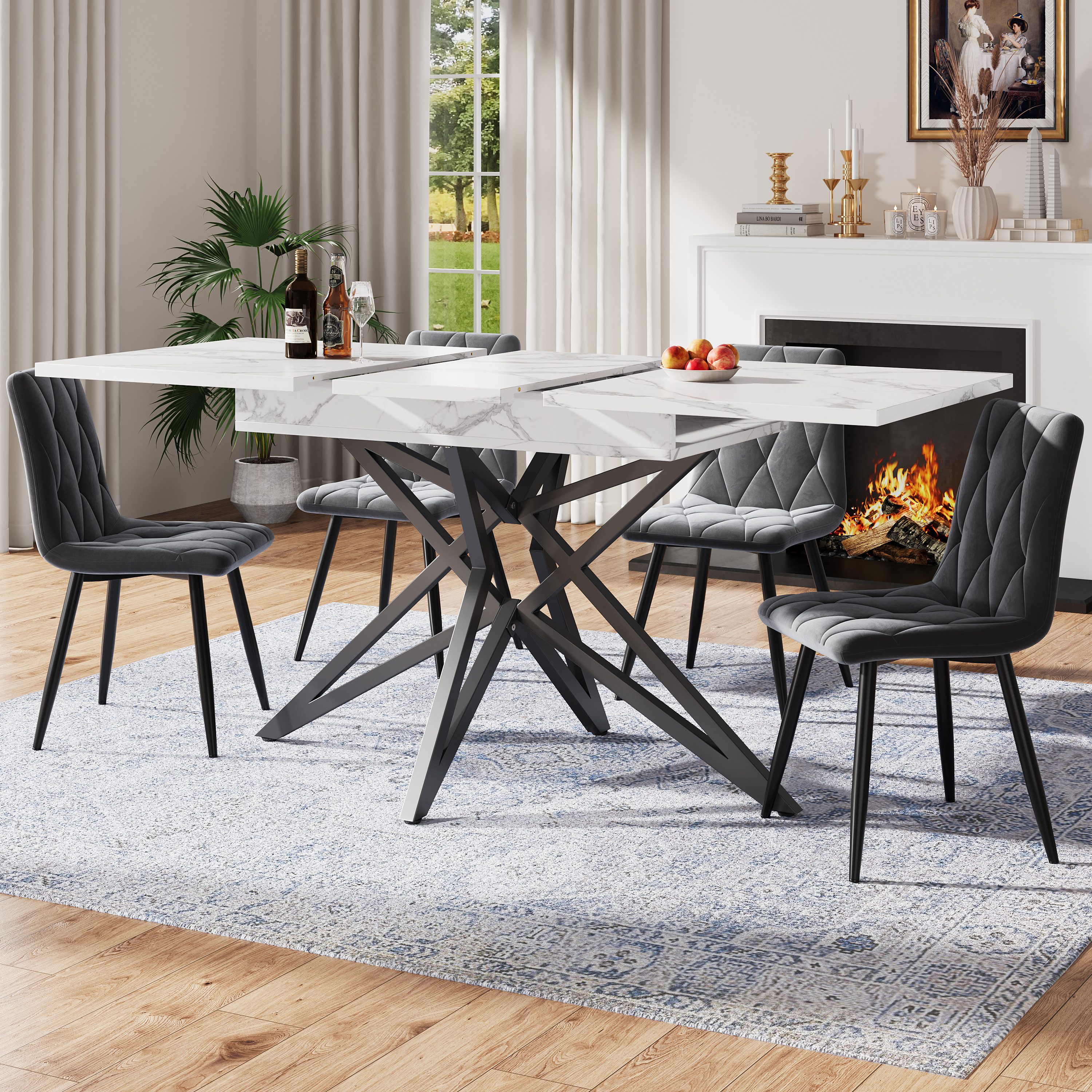 Odikalo Esstisch Küchentisch Gastrotisch Ausziehbarer Metallbeine Natur/Weiß Schwarz
