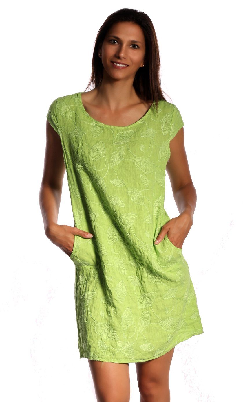Charis Moda Sommerkleid Leinenkleid mit floralen Stickereimotiven Grün