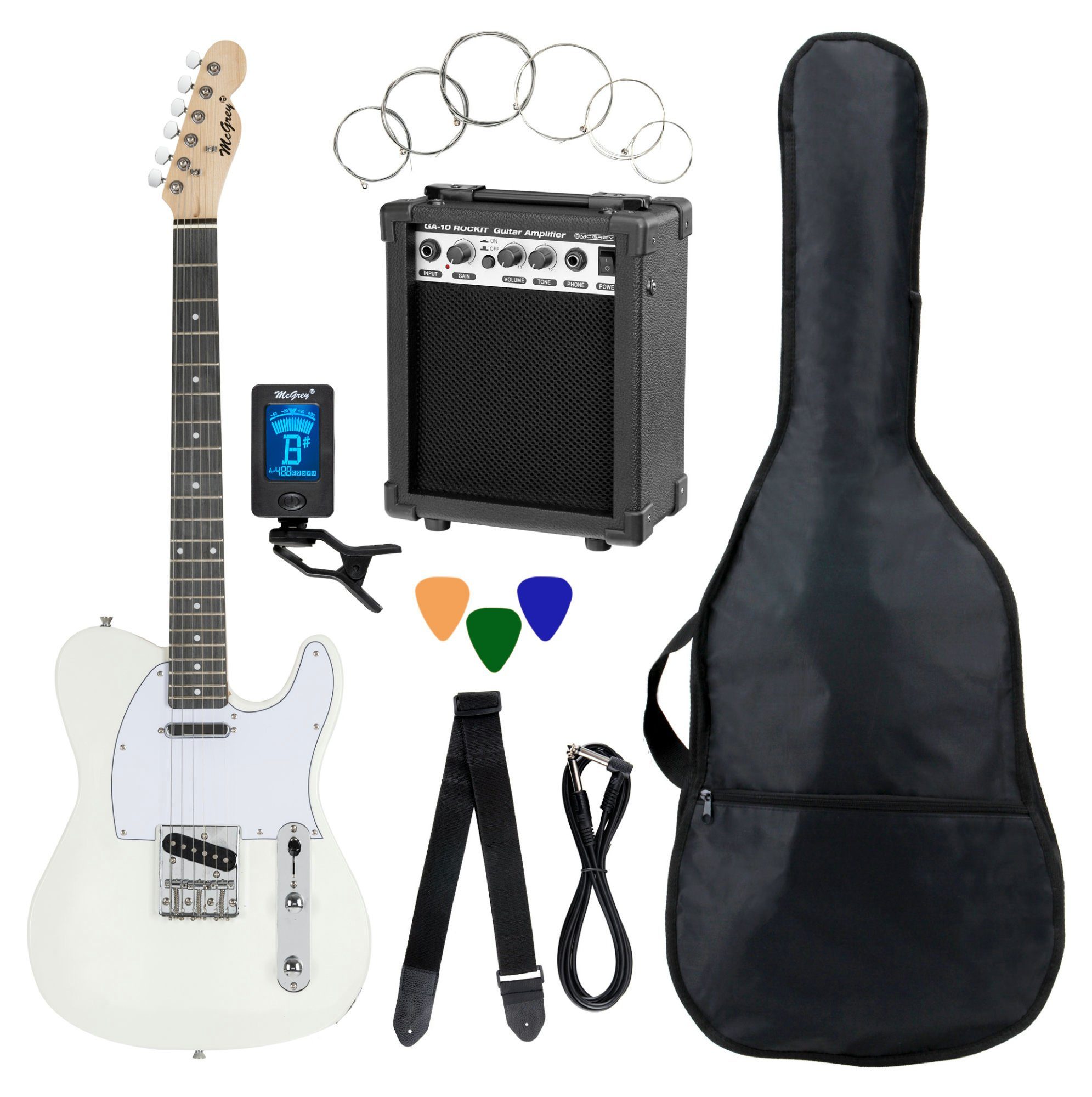 McGrey E-Gitarre Rockit elektrische Gitarre, TL-Style, Komplettset 4/4, 8-St., inkl. Verstärker, Tasche, Stimmgerät, Plektren, Gurt und Kabel, 10 Watt (RMS) Gitarrenverstärker inklusive!