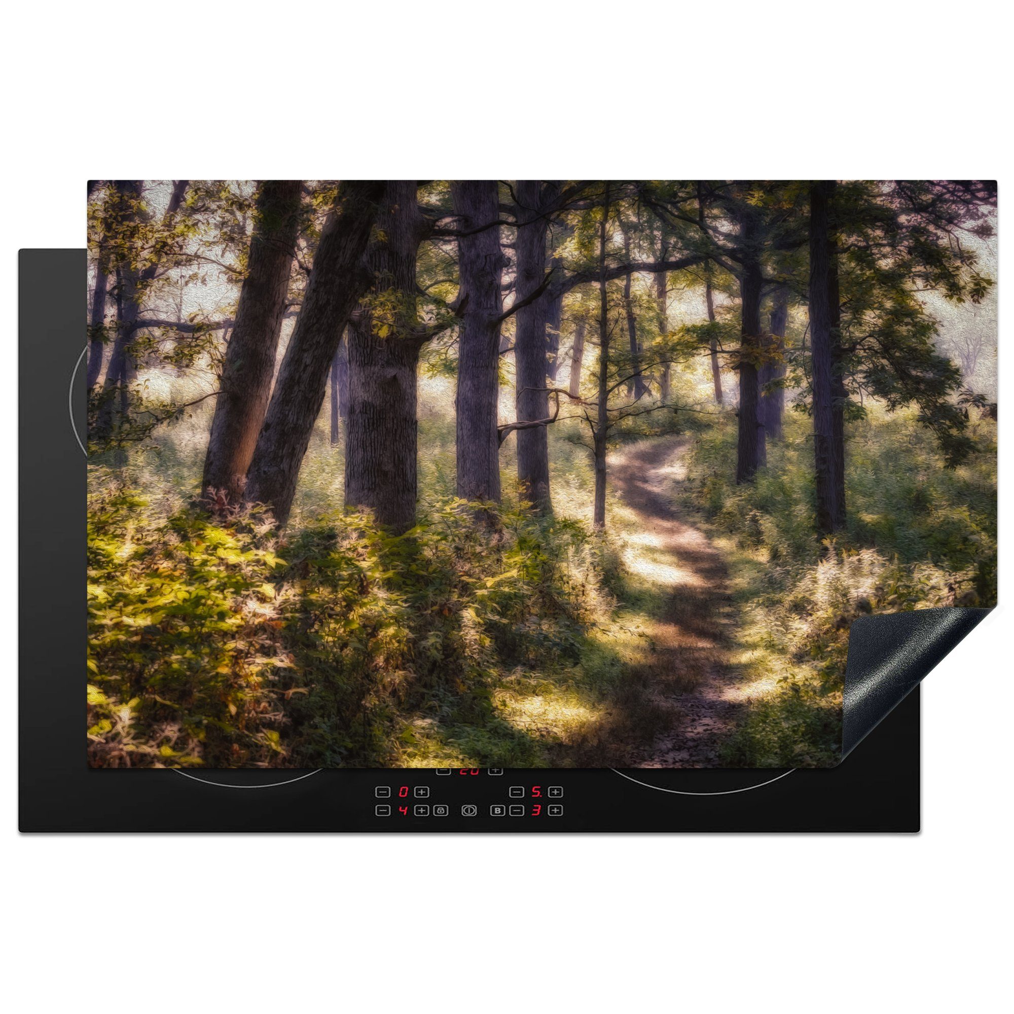 MuchoWow Herdblende-/Abdeckplatte Ölgemälde eines Fußweges in einem Wald, Vinyl, (1 tlg), 81x52 cm, Induktionskochfeld Schutz für die küche, Ceranfeldabdeckung