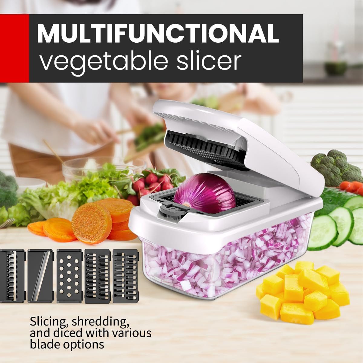 Refined Living Gemüseschneider 15-in-1 Gemüseschneider mit Auffangbehälter, Küchenreibe, Gemüsehobel, Multischneider für Gemüse,Zwiebeln,Obst,Käse usw.BPA-frei, – Bild 5 von 5