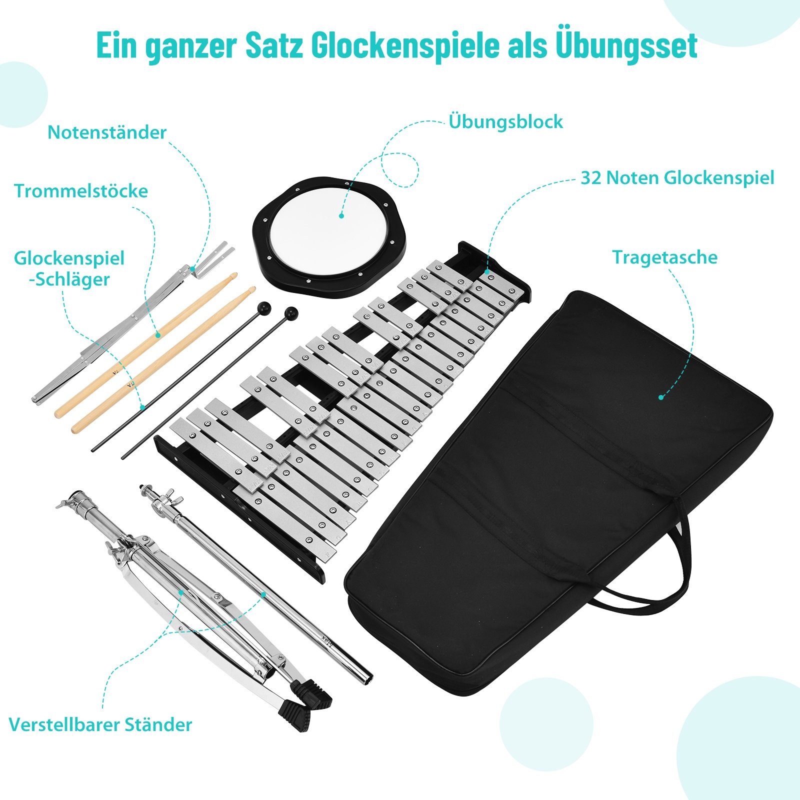 COSTWAY Xylophon 32 Tönen Glockenspiel, mit verstellbarem Ständer, 20cm Übungspad, Schlägeln, Tragetasche