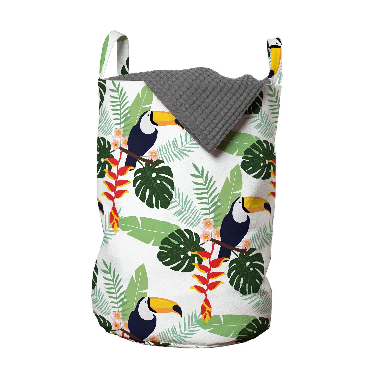 Abakuhaus Wäschesäckchen Wäschekorb mit Griffen Kordelzugverschluss für Waschsalons, Tropisch Blumen und Vögel Toucan
