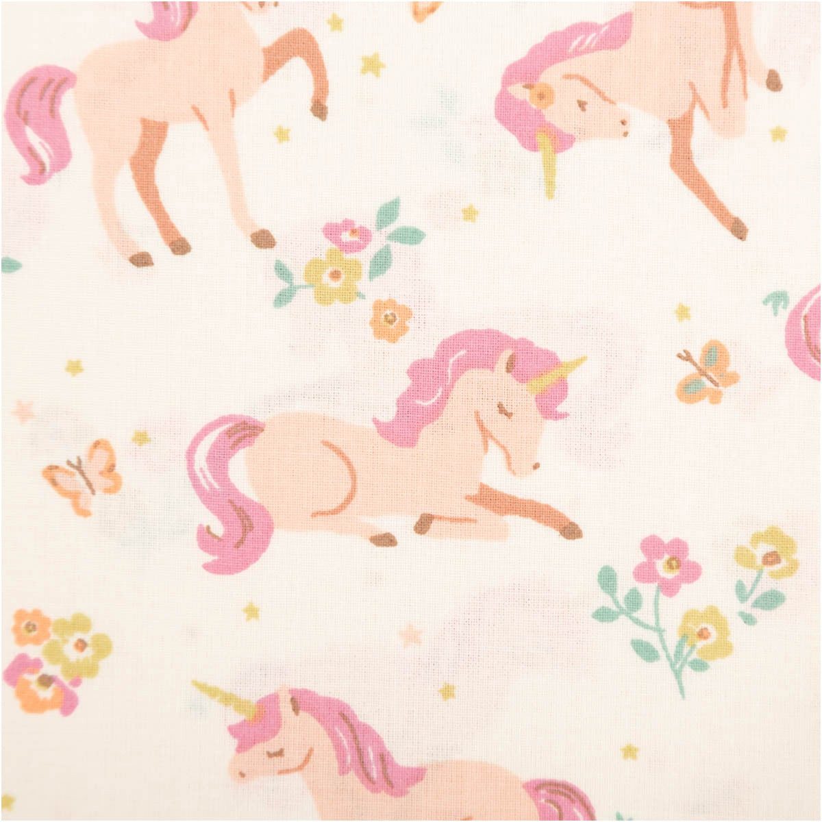 SCHÖNER LEBEN. Stoff Baumwollstoff Meterware Lilic Einhörner Blumen ecru rosa 147cm, allergikergeeignet