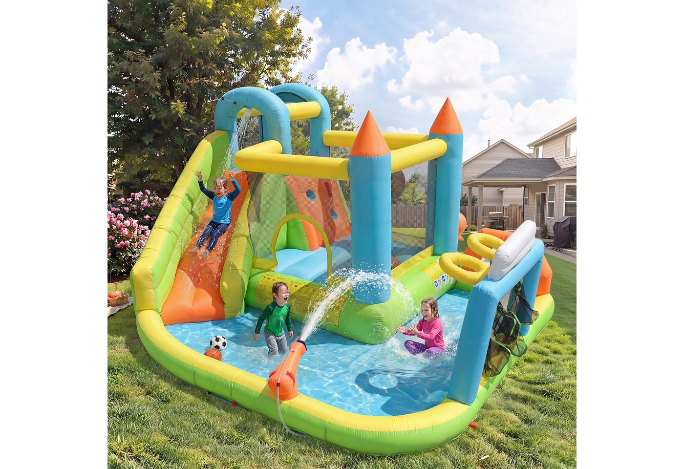 Flieks Hüpfburg, Aufblasbar Wasserpark Wasserspielcenter mit Gebläse 360x320x200cm