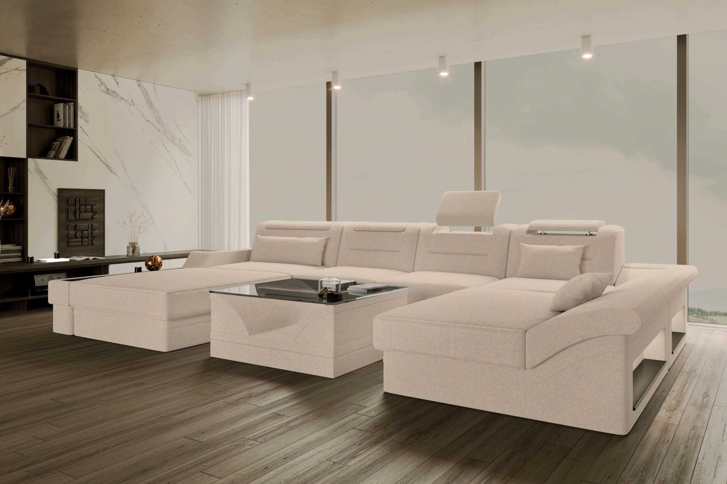 Sofa Dreams Wohnlandschaft Wohnlandschaft Monza U Form Stoffsofa, Wohnlandschaft, U-Form, Polster Couch in U-Form mit LED, 2 Zierkissen inklusive