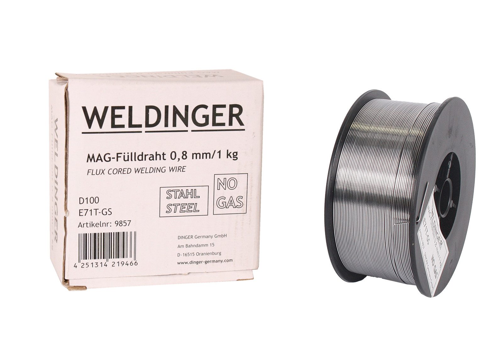 WELDINGER Schweißdraht Fülldraht Stahl 0,8 mm 1 kg D100, (1St), NoGas, Flux, Baustahl schweißen
