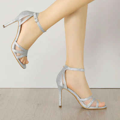 UE Stock Damen Glitzernde Sandale mit Absatz Und Knöchelriemen Gr. 39 Silber Sandale für einen auffälligen Glamour