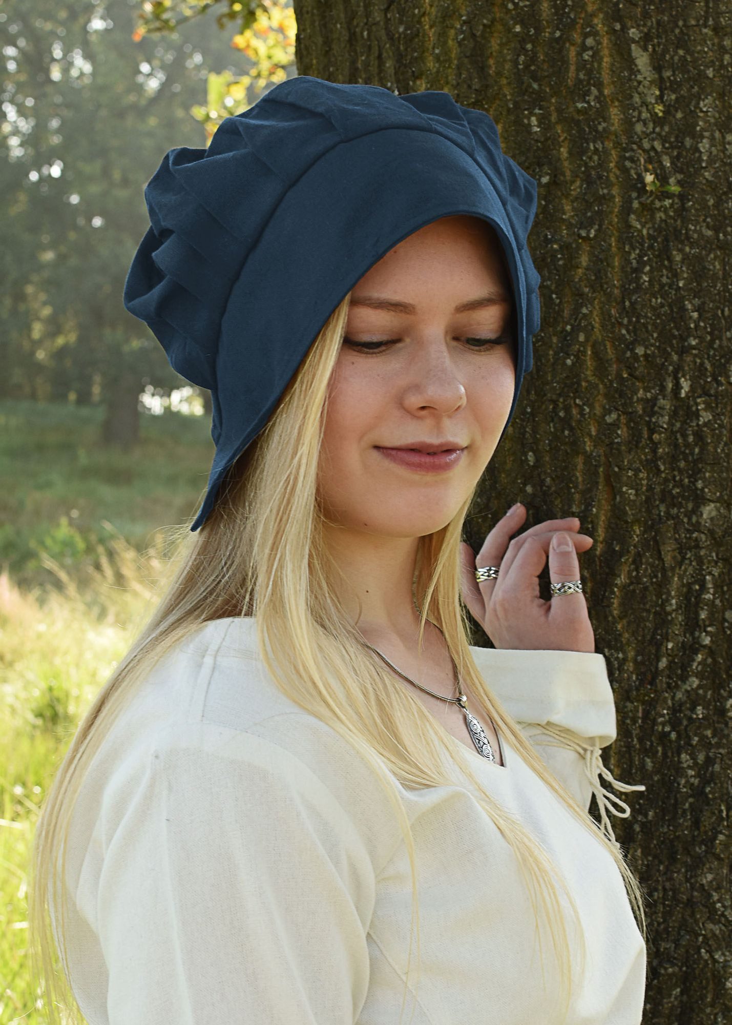 Kostüm Mittelalter Haube mit gelegten Falten, blau