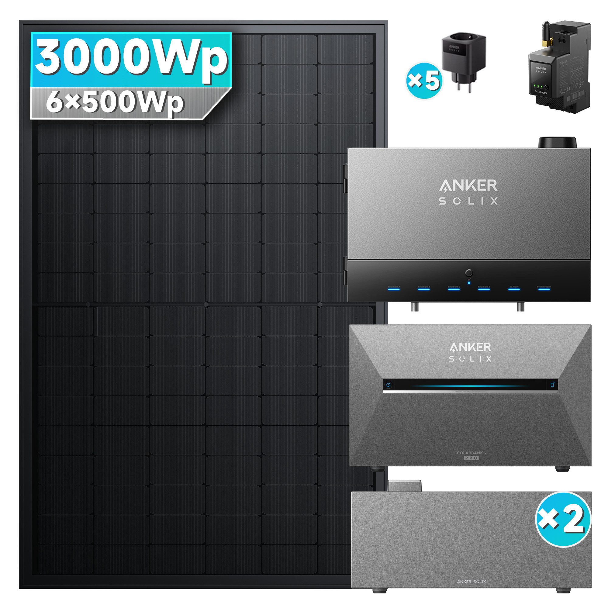 SolarMars Balkonkraftwerk mit Speicher 3000W mit Power Dock Solarbank Multisystem, (mit Anker Solix Solarbank 3 E2700 Pro und BP2700 (optional), 6x Solarmodule mit jeweils 500 W)