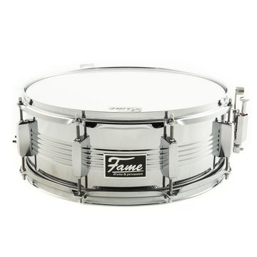 FAME Snare Drum,FSMAR-65 Marching Snare Drum, 14"x6.5", Stahl Marschtrommel, Tragegurt, Hohe Lautstärke, Stimmstabilität, Inklusive Marching Sticks, Silber", Marching Snare Drum, Stahl Marschtrommel, Hohe Lautstärke