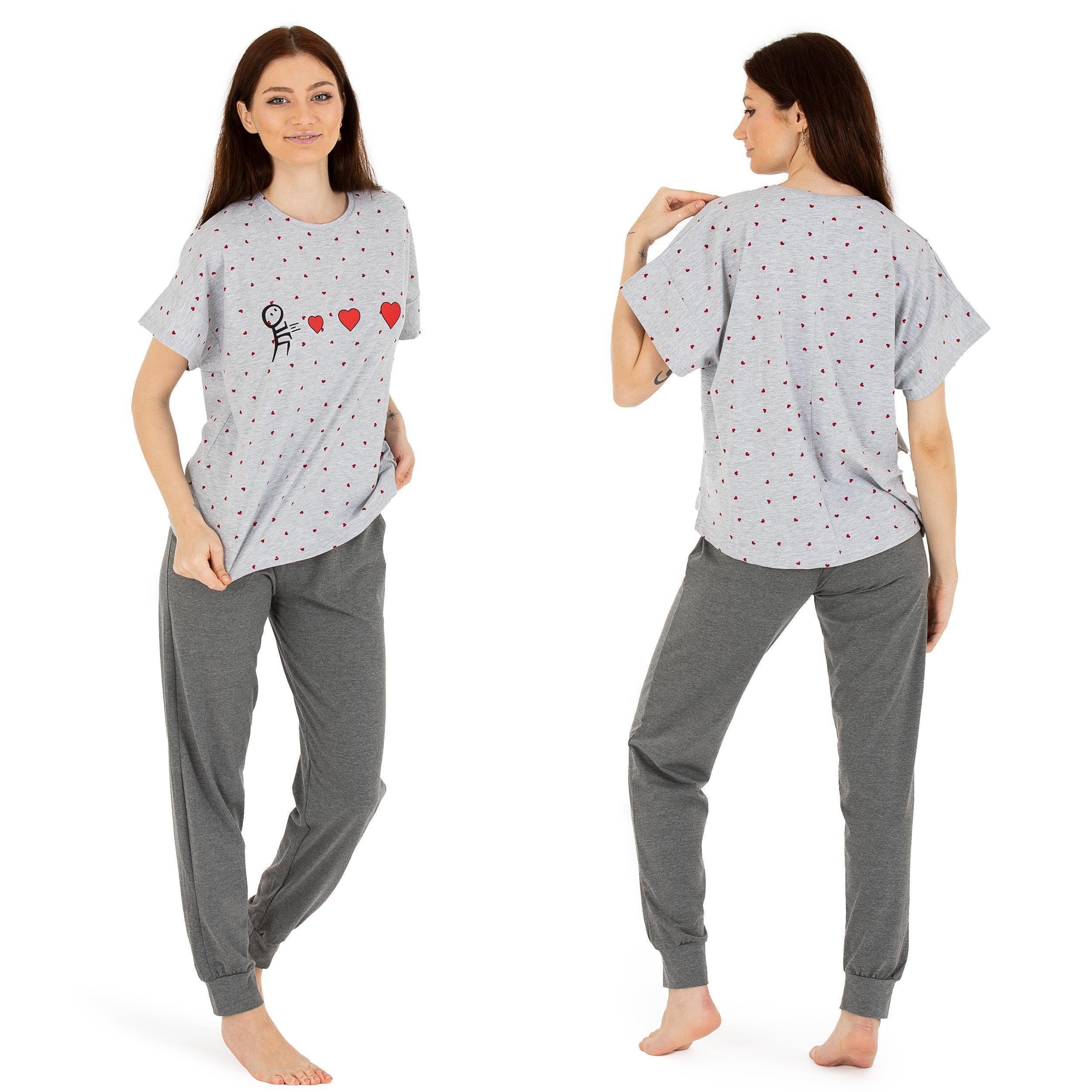 LOREZA Schlafanzug Damen Pyjama HERZ kurzarm Schlafanzug Hausanzug Nachtwäsche S-XL (Set, 2 tlg)