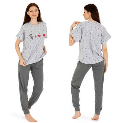 LOREZA Schlafanzug Schlafanzug Pyjama kurzarm- Herz - Grau (Set, 2 tlg)