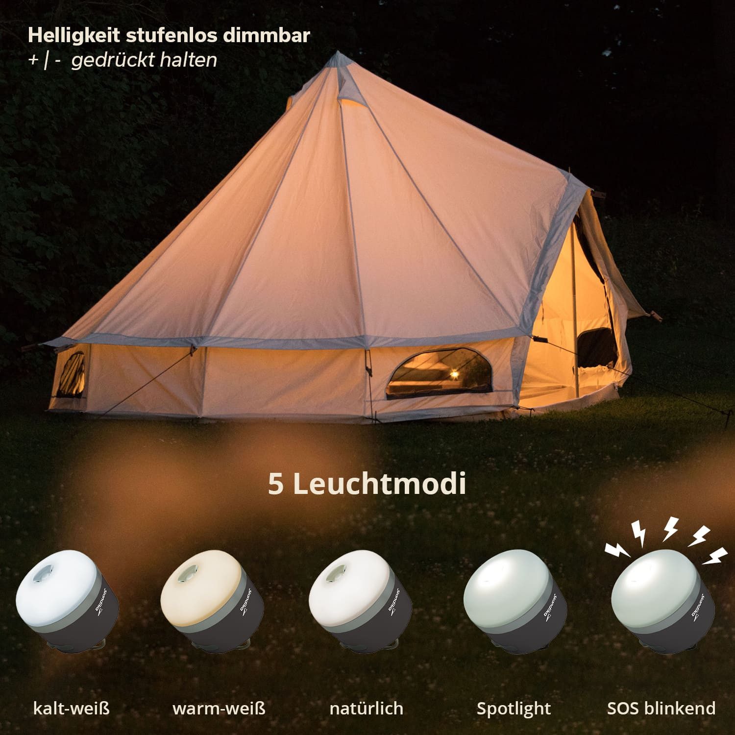 Skandika LED Gartenleuchte Campinglampe Tarfala, aufladbar, USB Anschluss, 3600 mAh Powerbank, stufenlos dimmbar, 110 h Akku, Zeltlampe, Haken zum Aufhängen, Ou – Bild 2 von 5