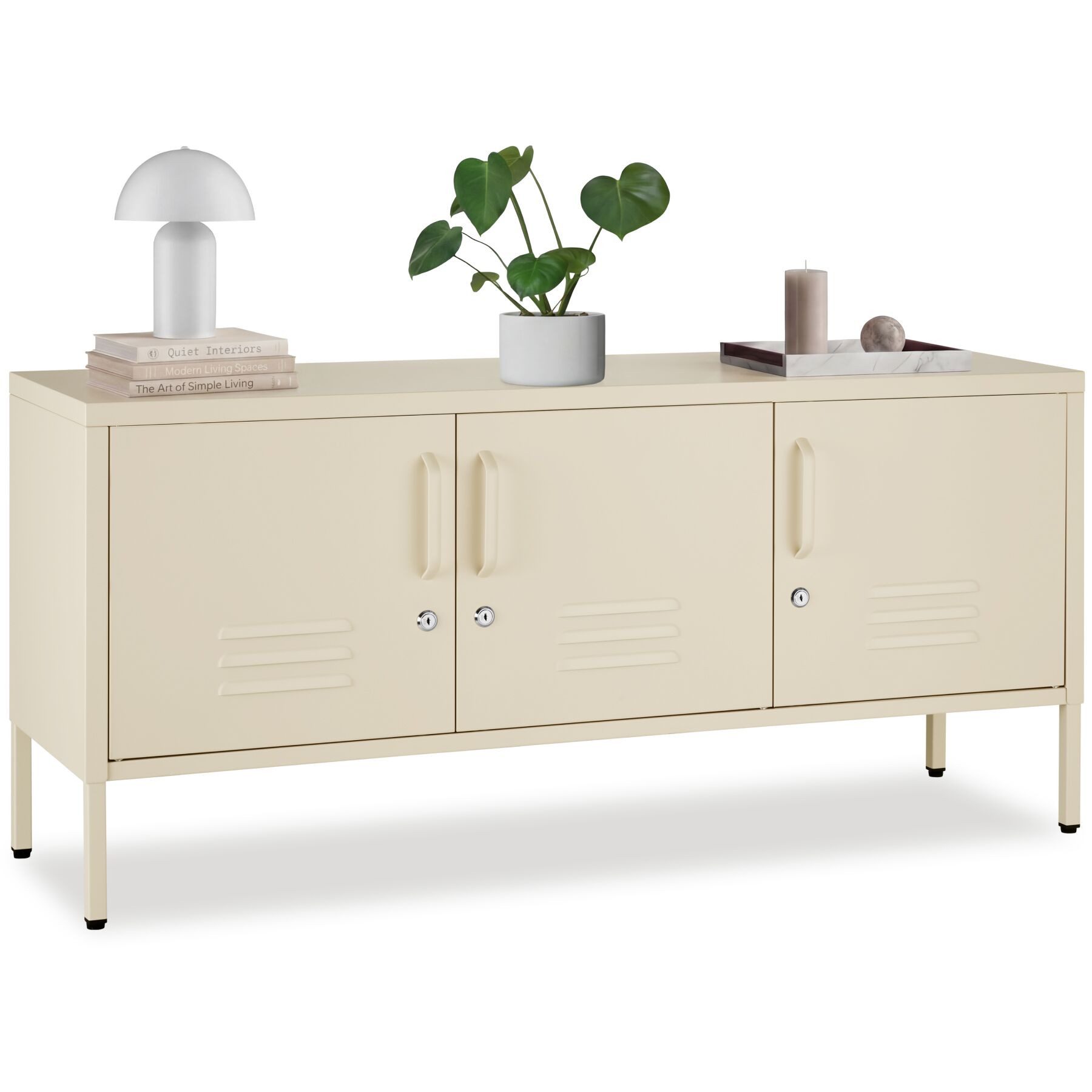 tectake Lowboard Anrichte mit Magnetverschluss, verstellbarem Boden, abschließbar (Sideboard Mit Türen Baker, in Creme), Kippschutz, Kabelführung und höhenverstellbare Füße für flexible