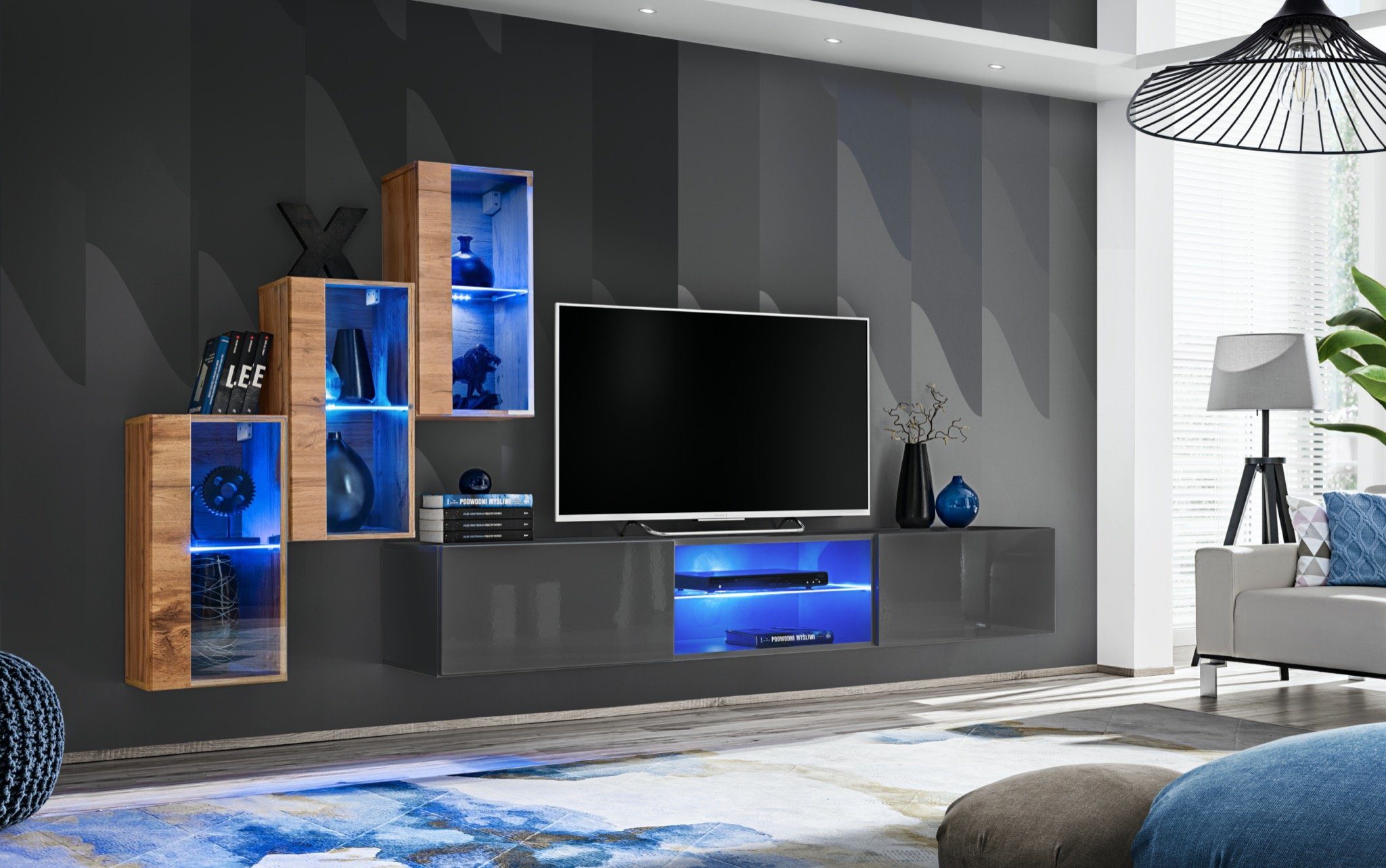 JVmoebel Wohnwand Komplett Modern Wohnwand beleuchtet TV-Ständer 3x + Vitrine), 3x Hänge Hänge TV (4-St., LED Ständer Vitrine, Wand