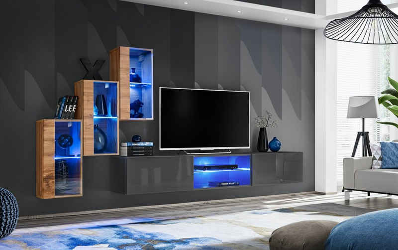 JVmoebel Wohnwand Komplett Modern Wohnwand Wand TV-Ständer 3x Hänge Vitrine, (4-St., TV Ständer + 3x Hänge Vitrine), LED beleuchtet