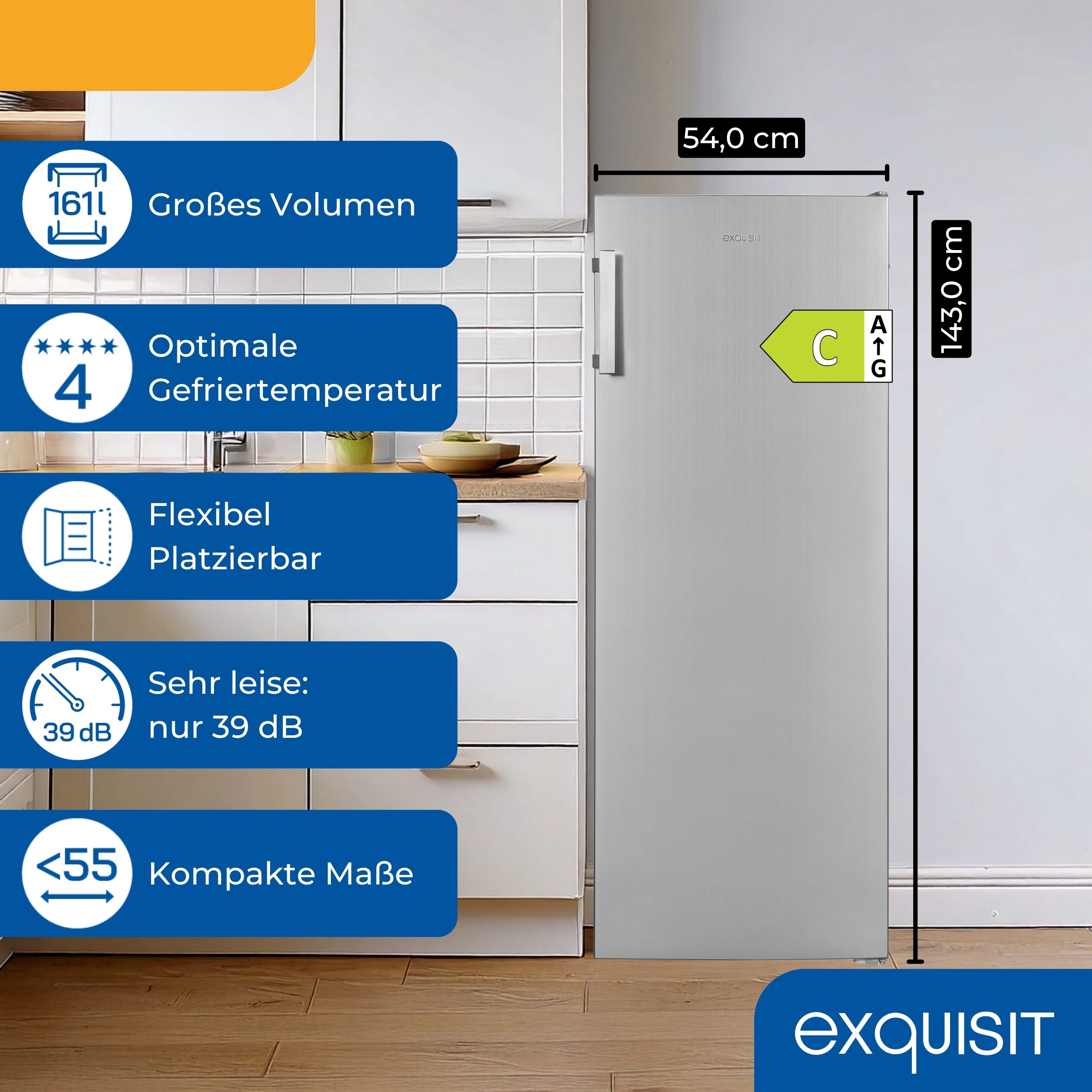 exquisit Gefrierschrank GS5231-NF-H-040C weiss, 143 cm hoch, 54 cm breit, NoFrost, Abtauverfahren automatisch, Schnellgefrierfunktion